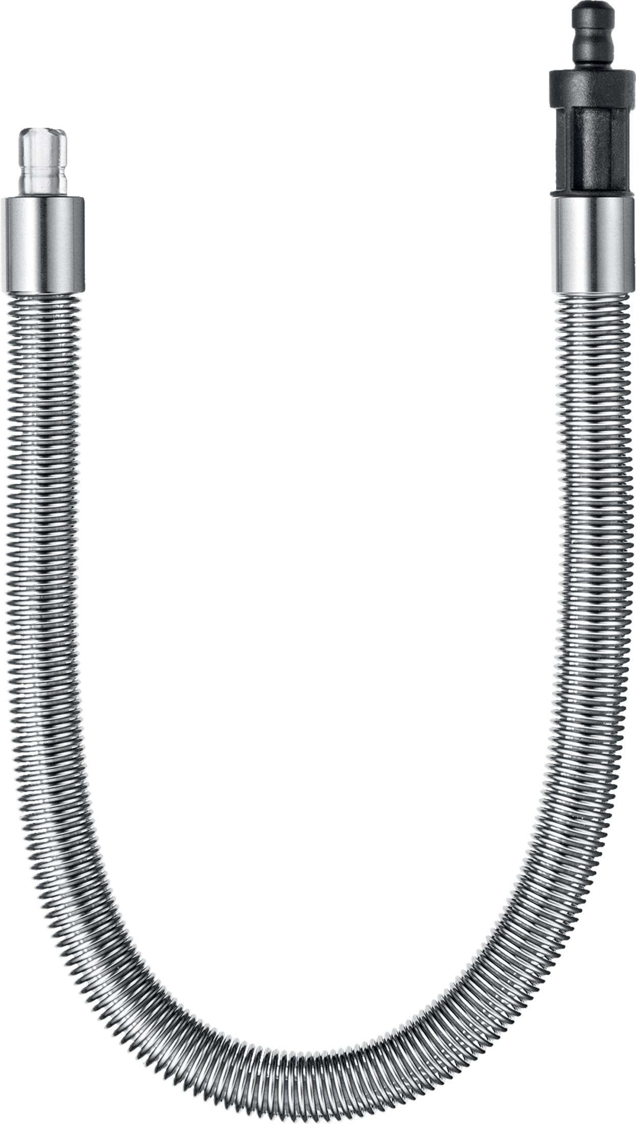 Una manguera flexible de metal con conectores plateados en ambos extremos.