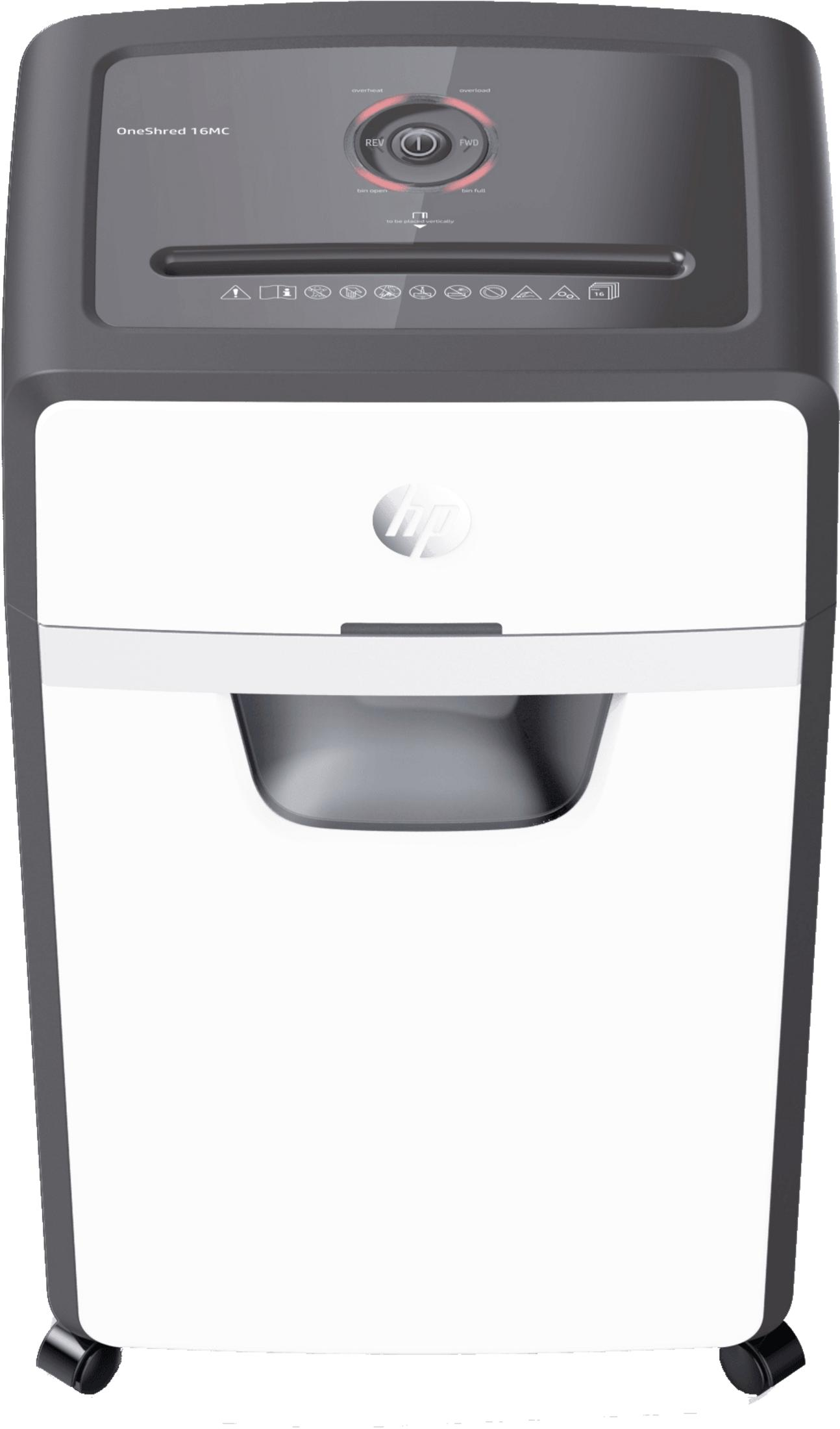 Un distruggidocumenti bianco e grigio scuro con il logo HP, controlli e una fessura per la carta, su sfondo bianco.
