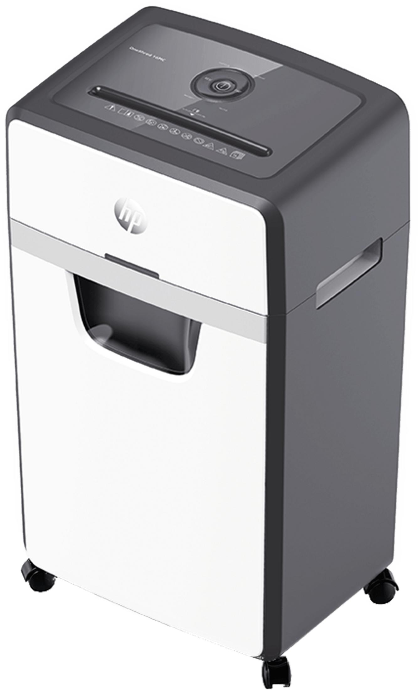Un distruggi documenti bianco e grigio su ruote con logo HP.