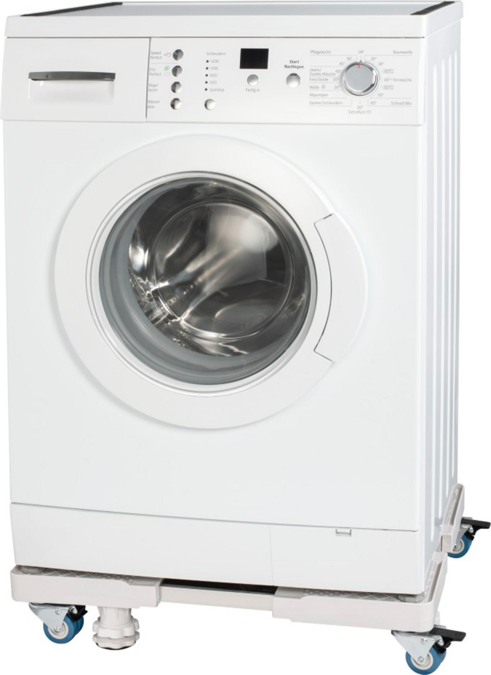 A white washing machine on a mobile base with wheels.