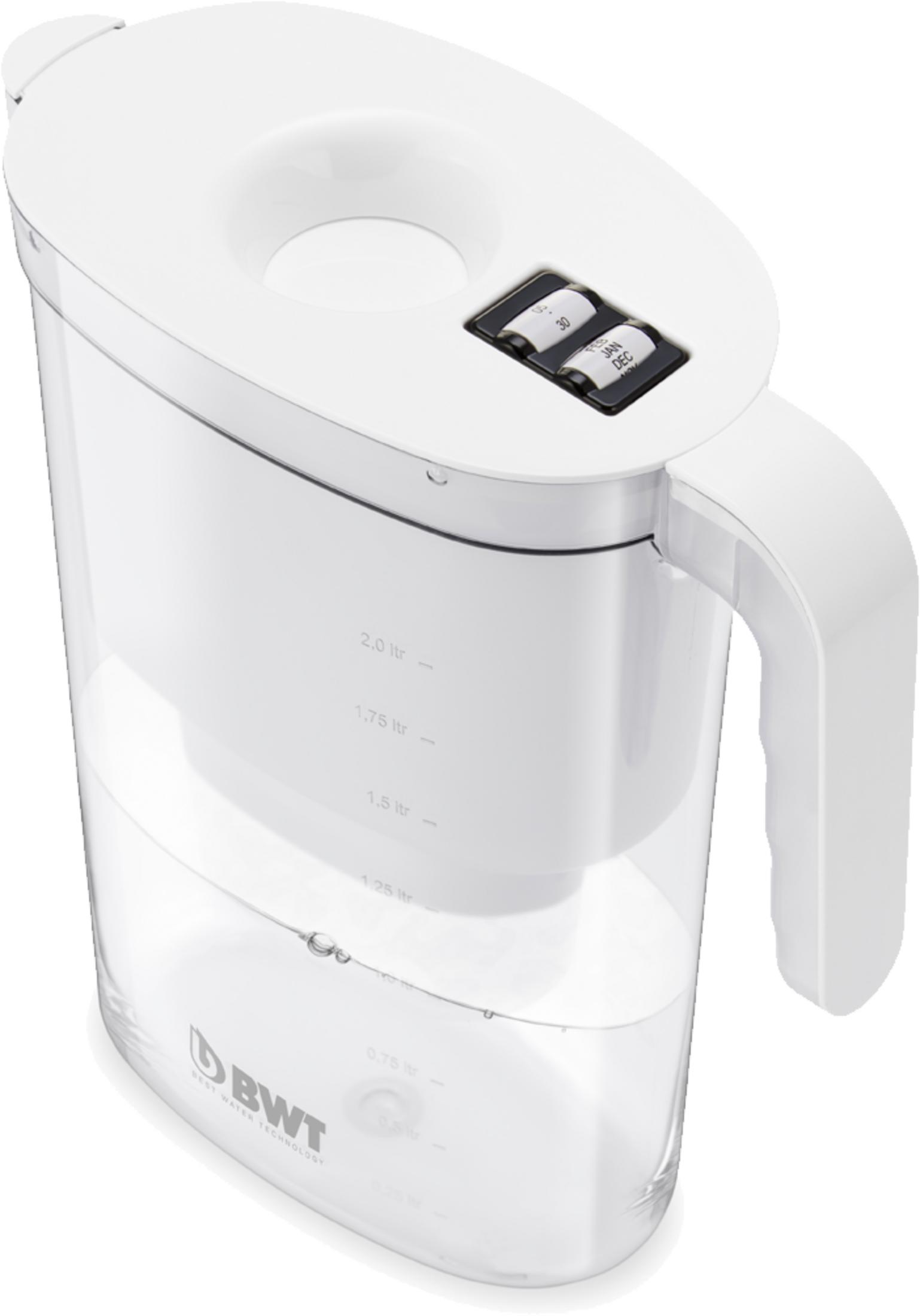 White water filter pitcher with fill level markings and a date indicator on the lid.
