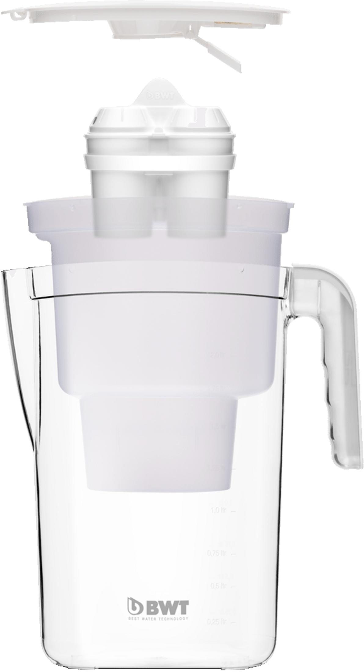 A white water filter jug with lid and insert against a white background.