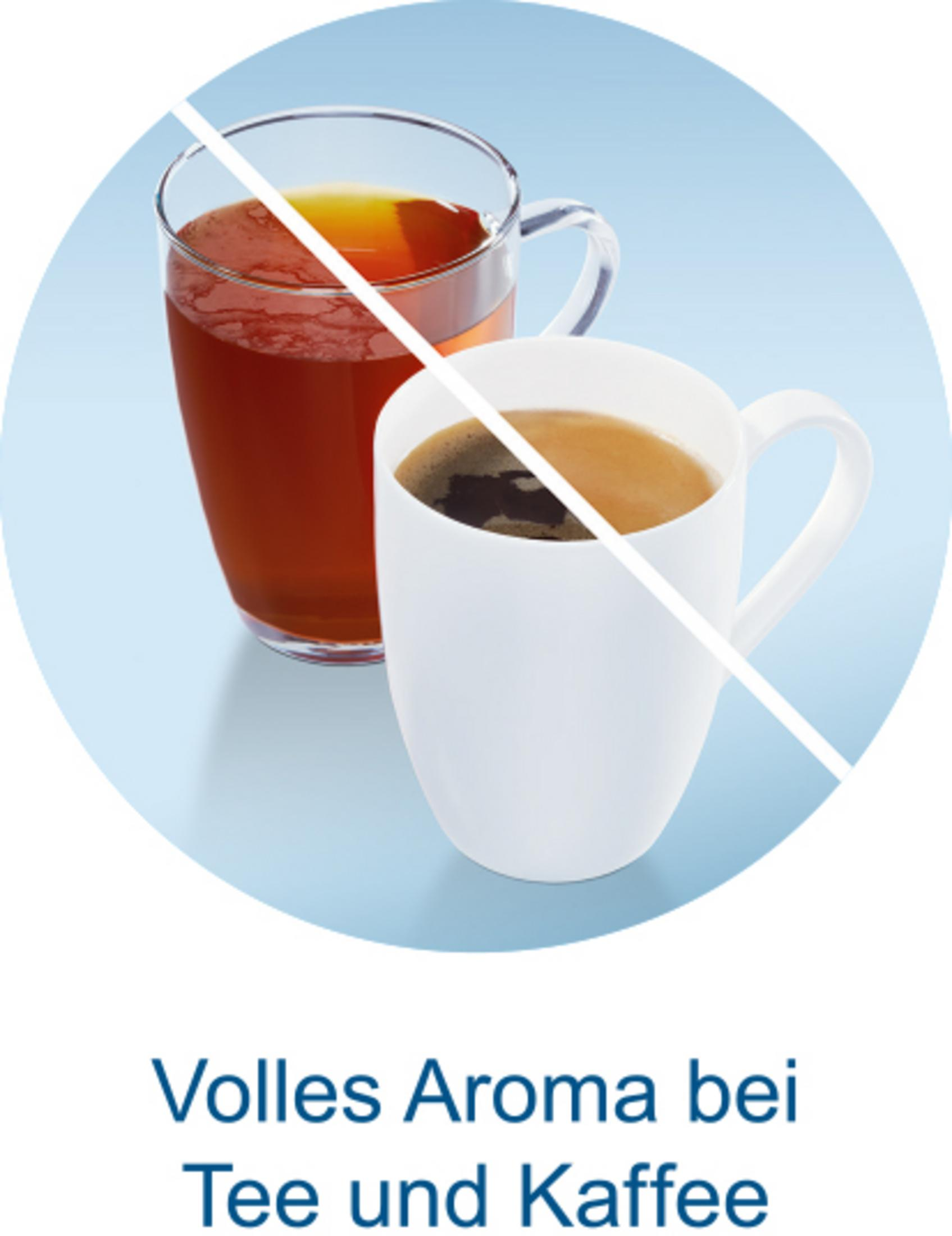 Eine Tasse Kaffee und ein Glas Tee nebeneinander auf blauem Hintergrund.
