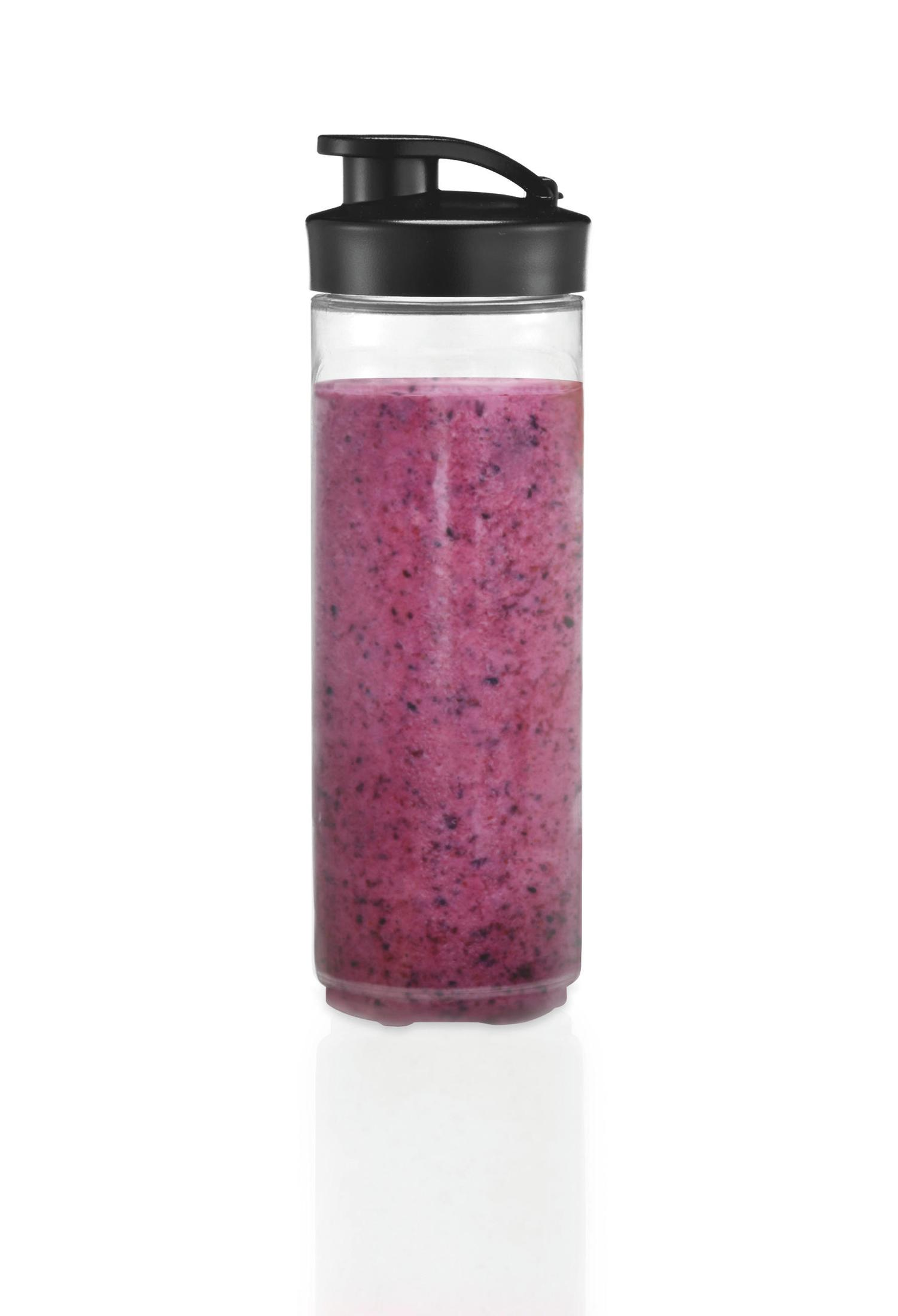Ein Glas mit schwarzem Deckel, gefüllt mit einem violetten Smoothie.