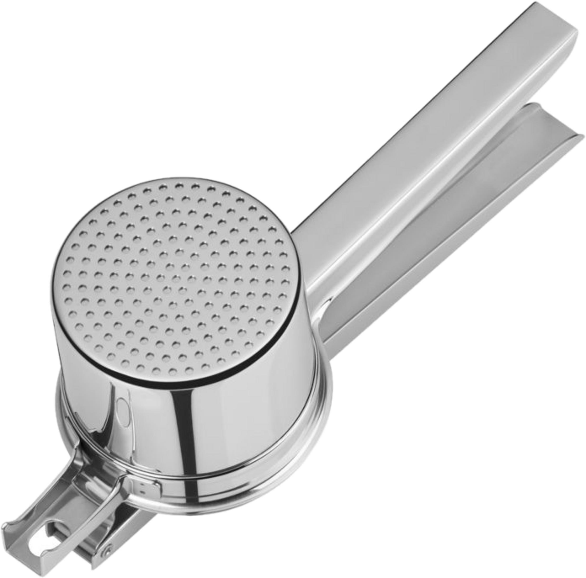 Srebrna praska do ziemniaków z okrągłą, perforowaną główką i długim uchwytem.