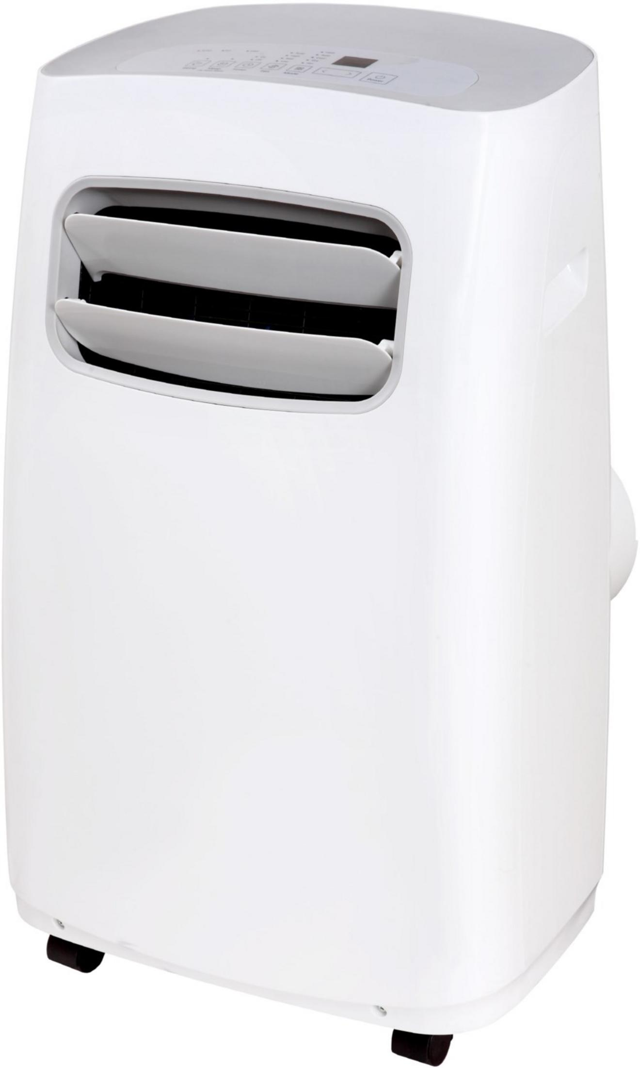 A white portable air conditioning unit with vents and control panel.