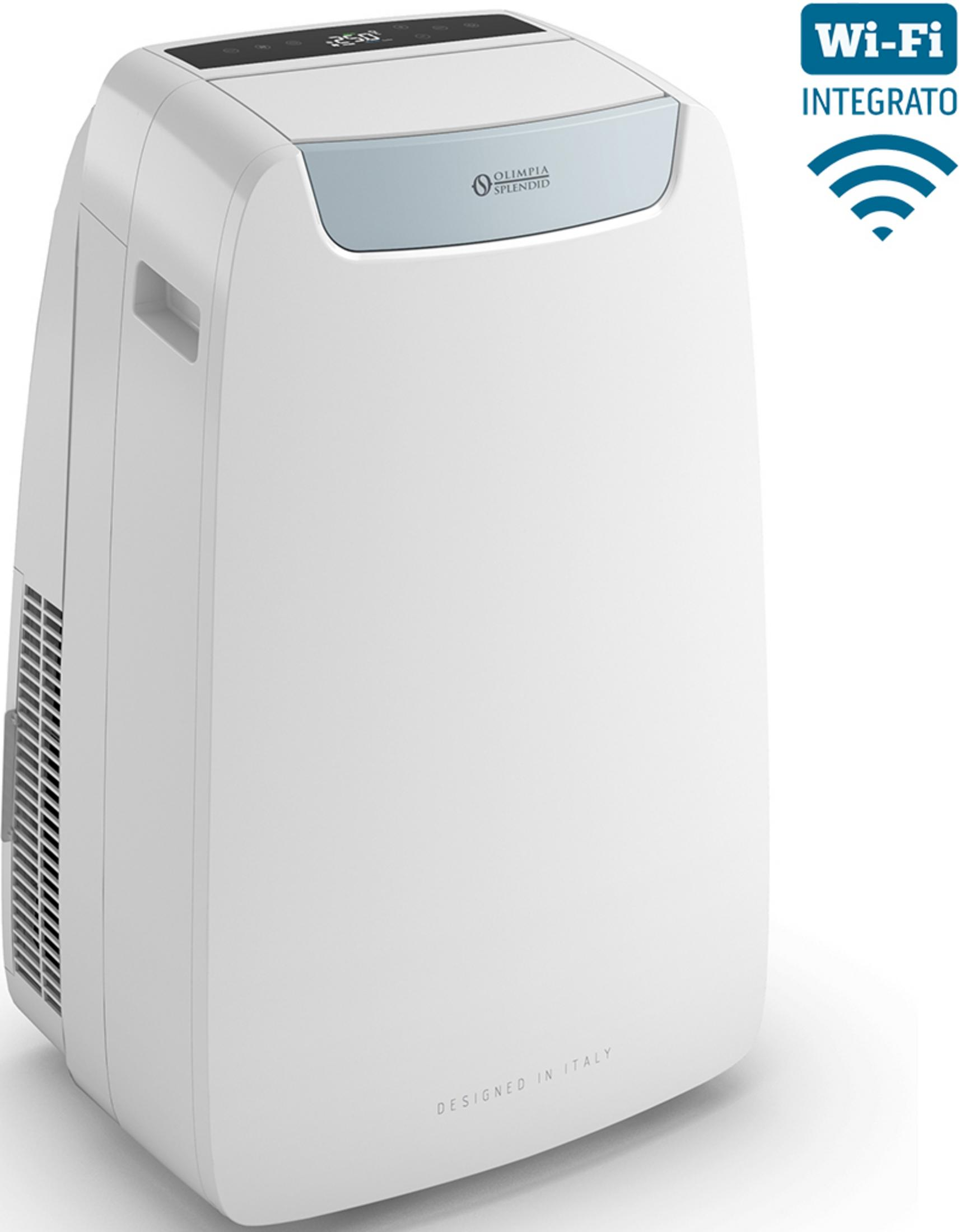 Torre climatizzatore portatile bianca con display digitale e simbolo Wi-Fi.
