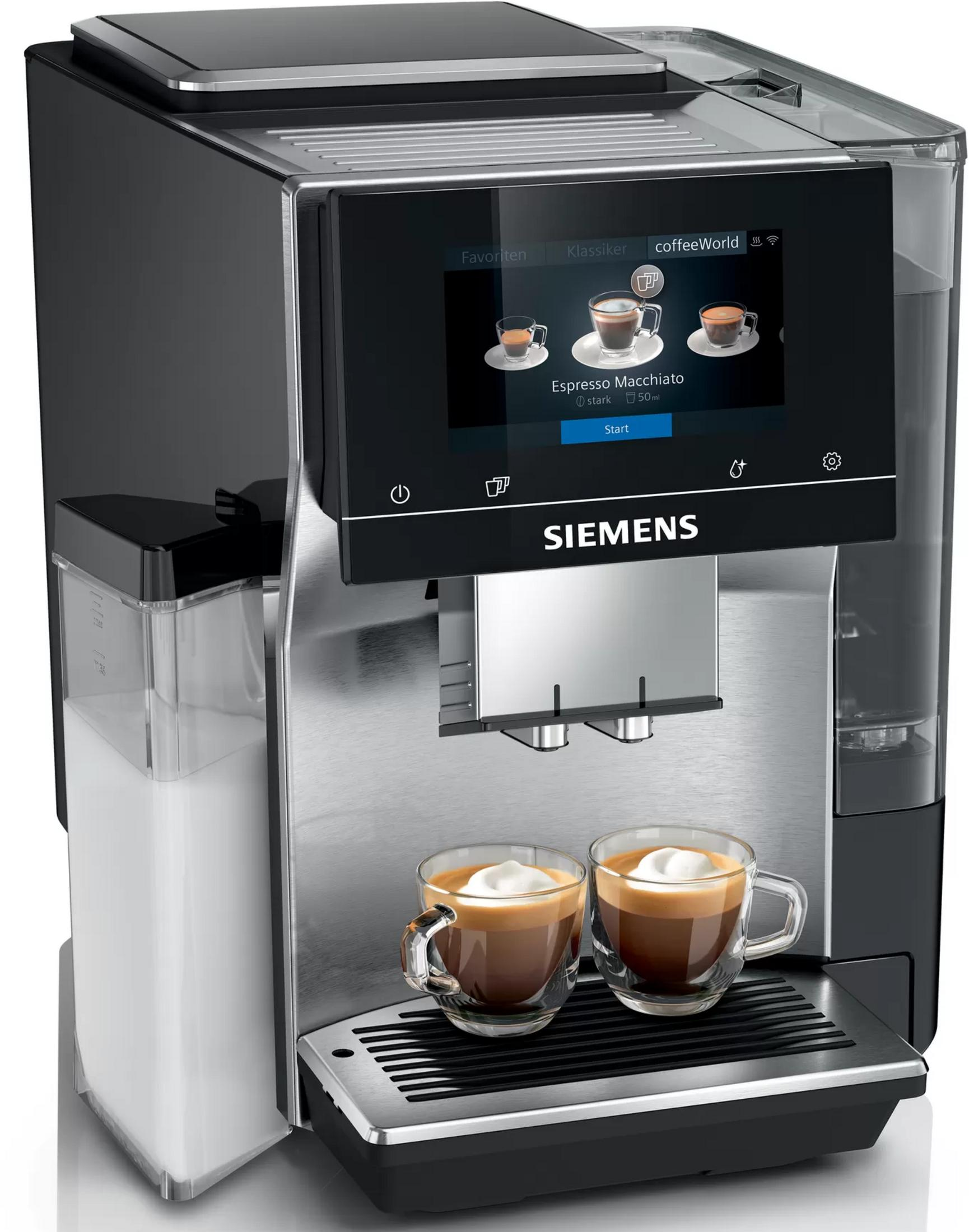 Automatyczny ekspres do kawy Siemens z dwoma filiżankami espresso macchiato i ekranem dotykowym.