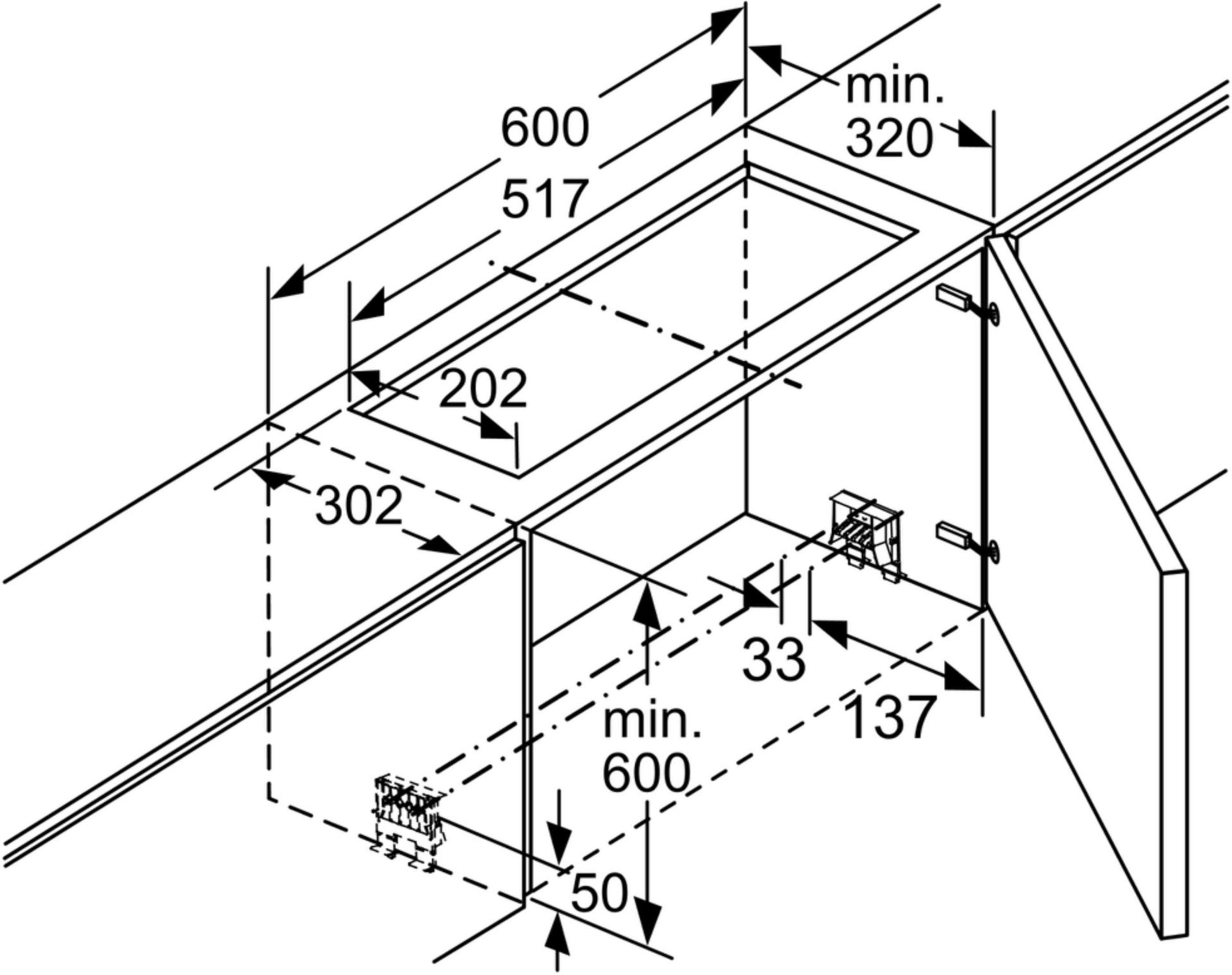 Technische Zeichnung mit Maßen für Einbauküche, Ausschnitt 517x302 mm.
