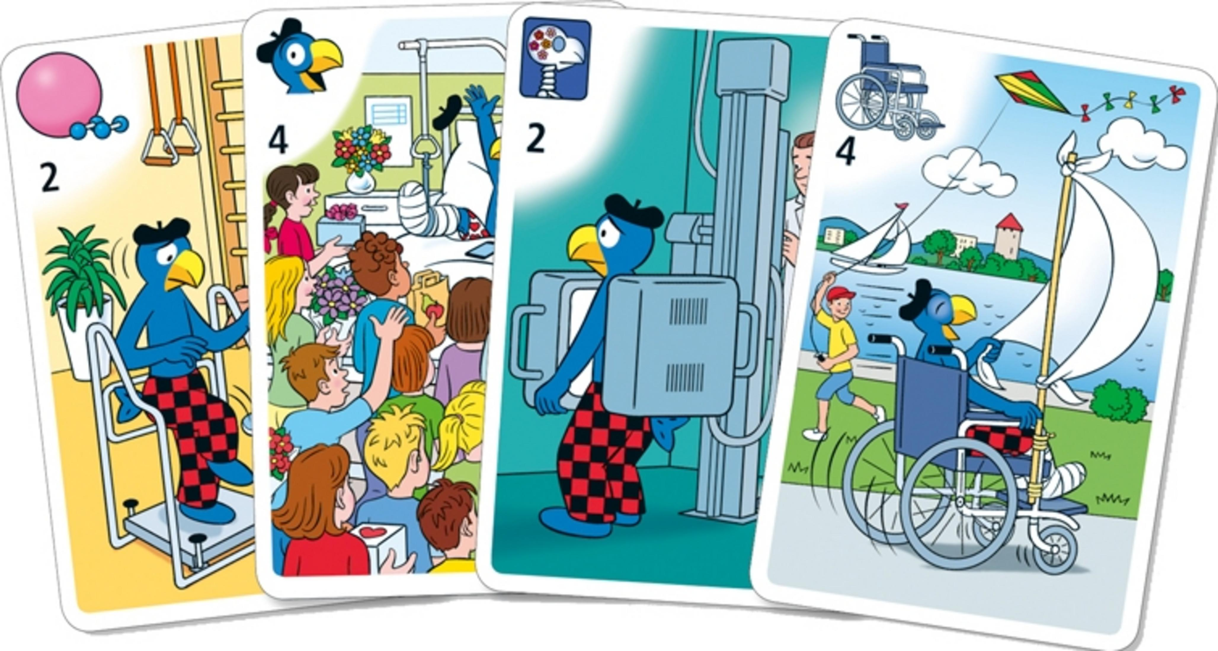 Un oiseau bleu en fauteuil roulant navigue et fait voler un cerf-volant.