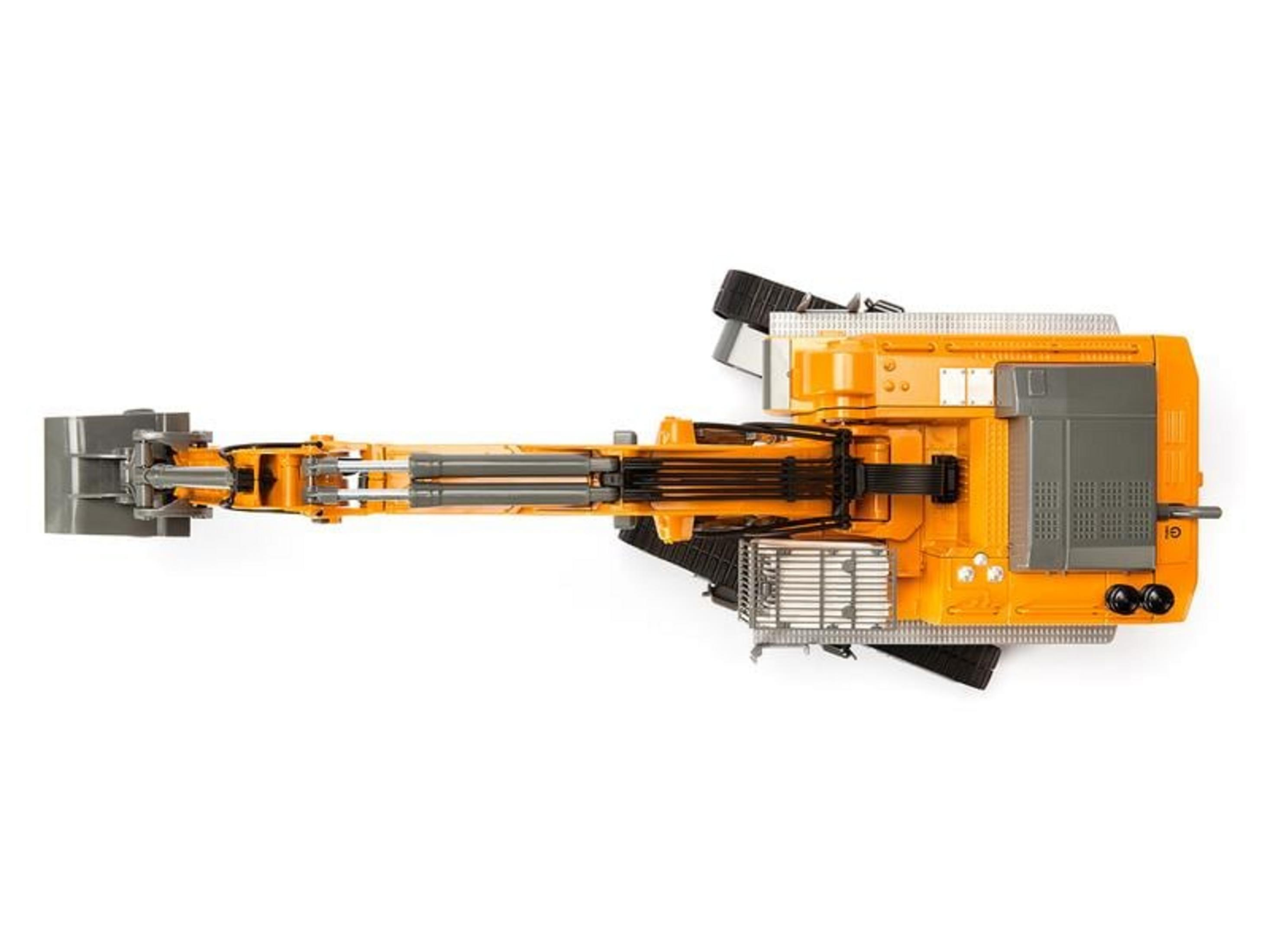 Vista aérea de un vehículo de construcción naranja y gris con brazo articulado.