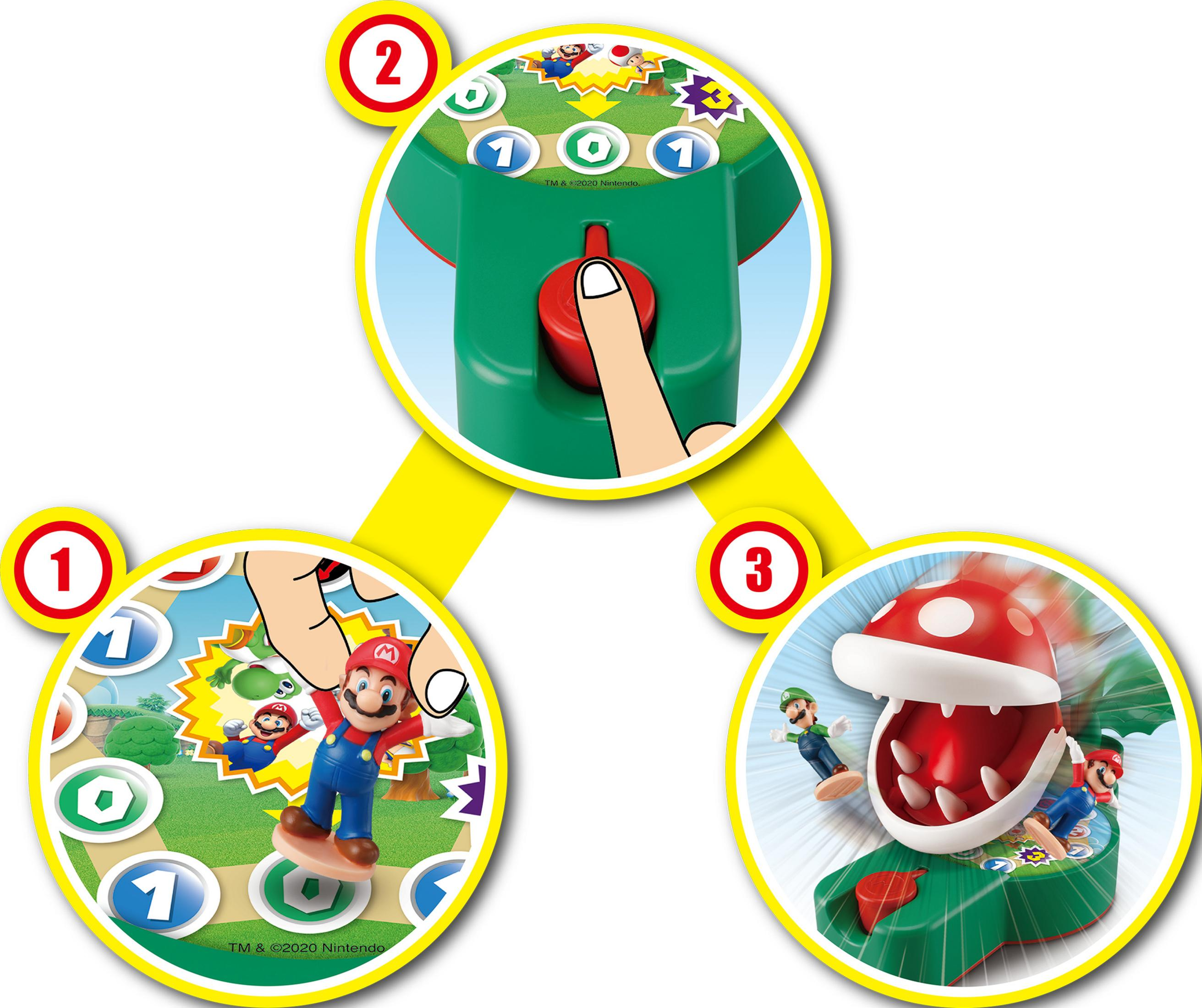 Gra Mario: Palec naciska czerwony przycisk, figurki na planszy, Roślina Piranha.