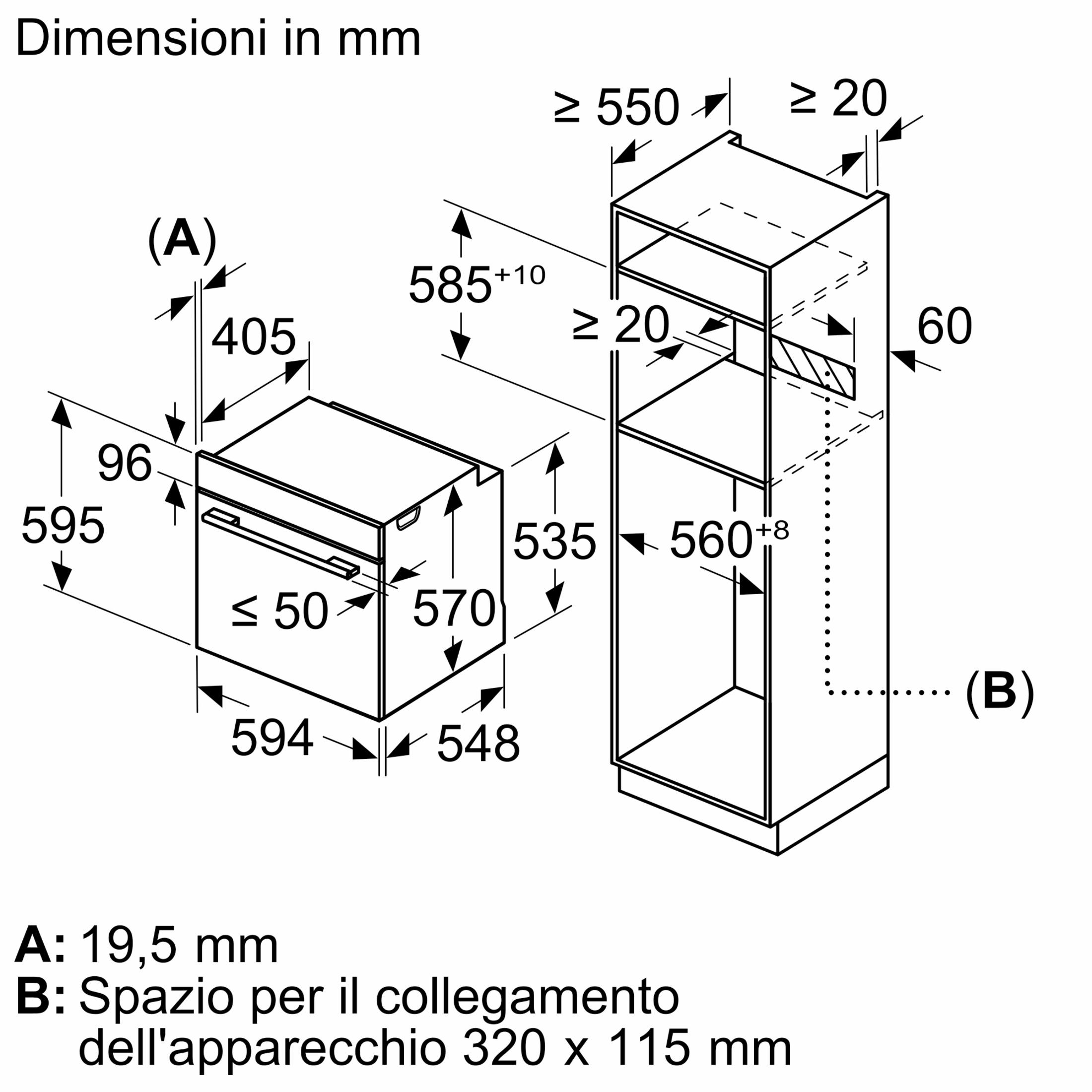 Dessin technique avec dimensions pour appareils encastrés : four et meuble.