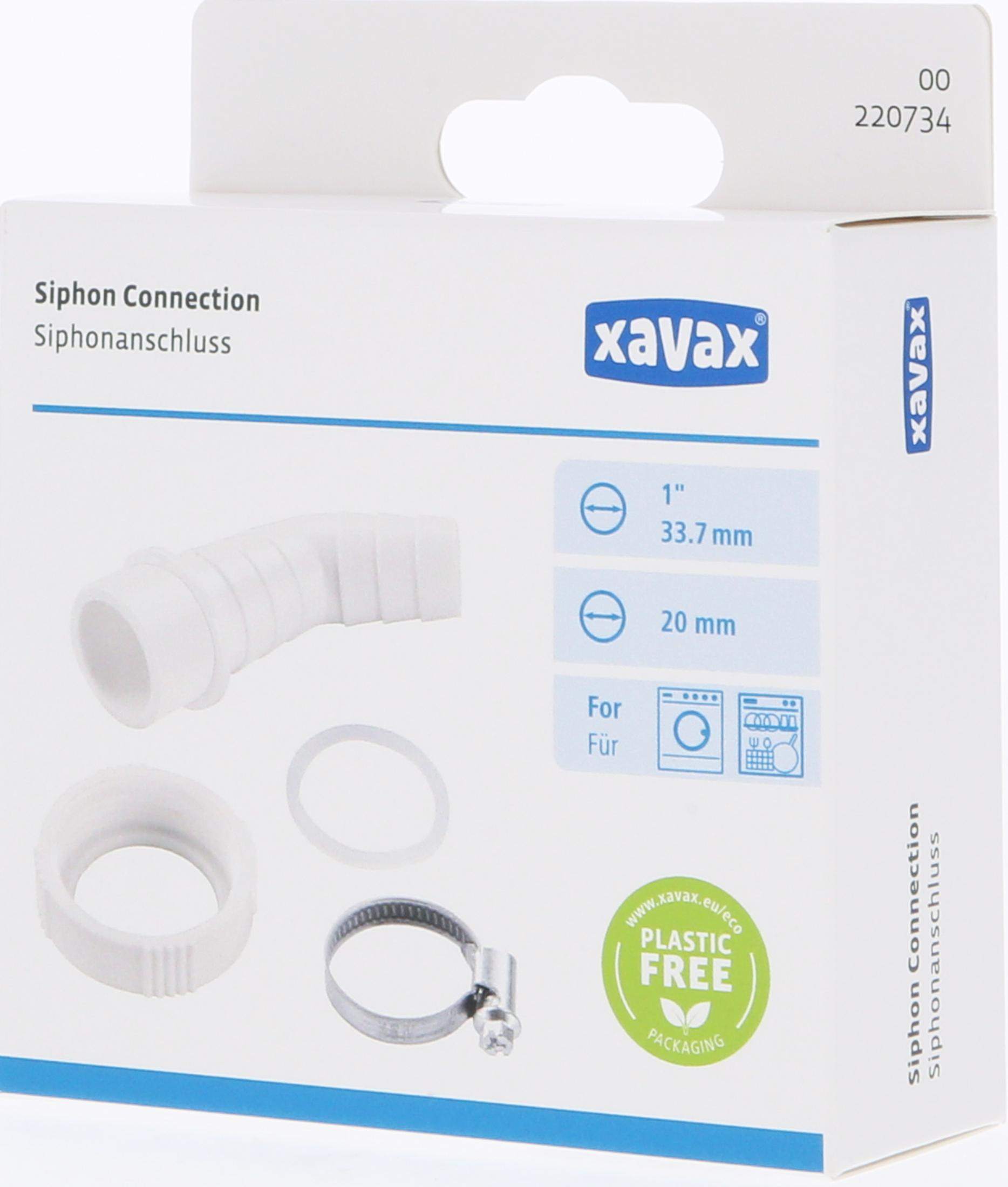 Verpackung für Siphonanschluss mit Schlauch, Ring, Schelle und Maßangaben.