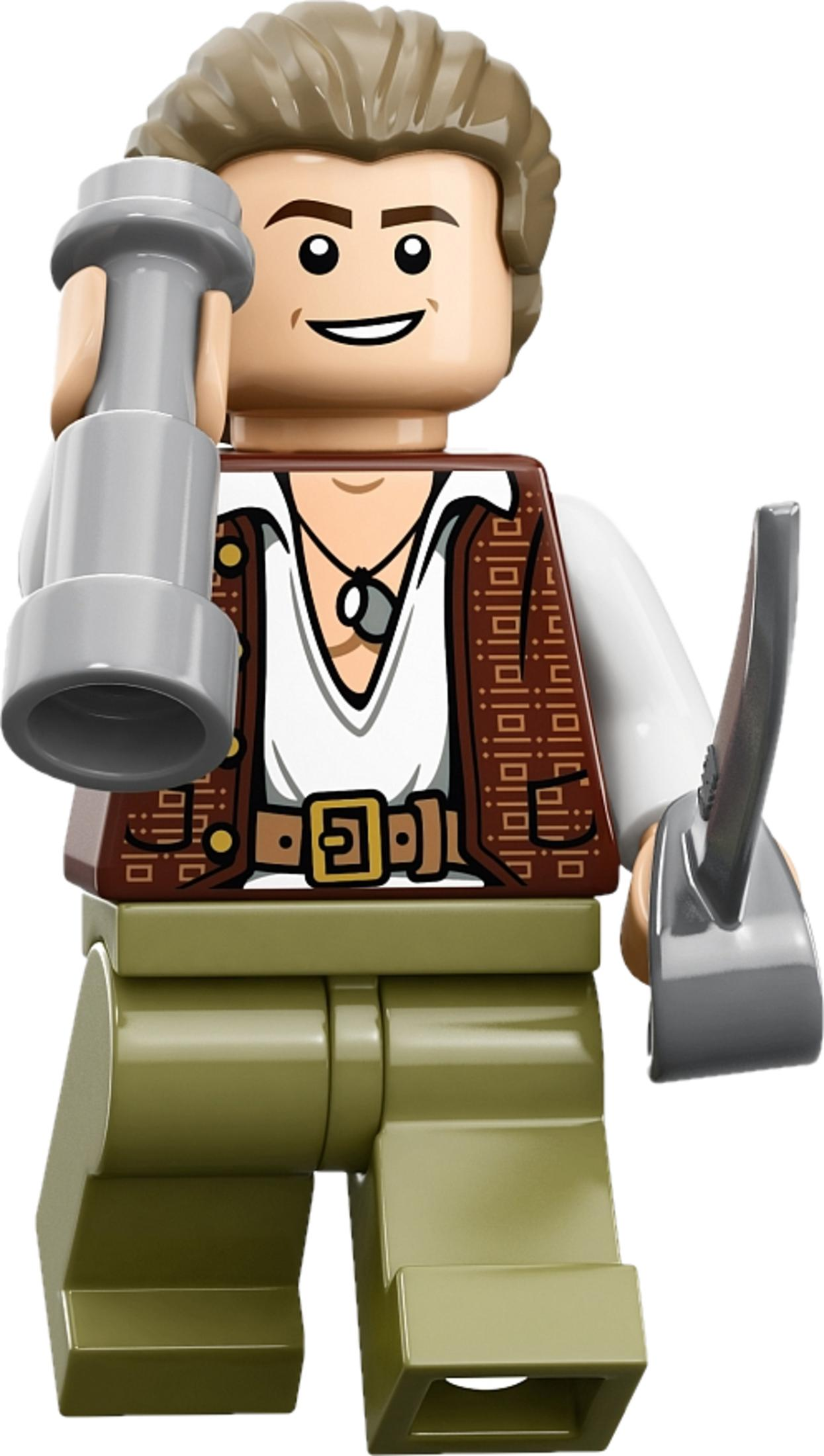 Mężczyzna Lego z brązowymi włosami, w białej koszuli i brązowej kamizelce, trzyma narzędzia.