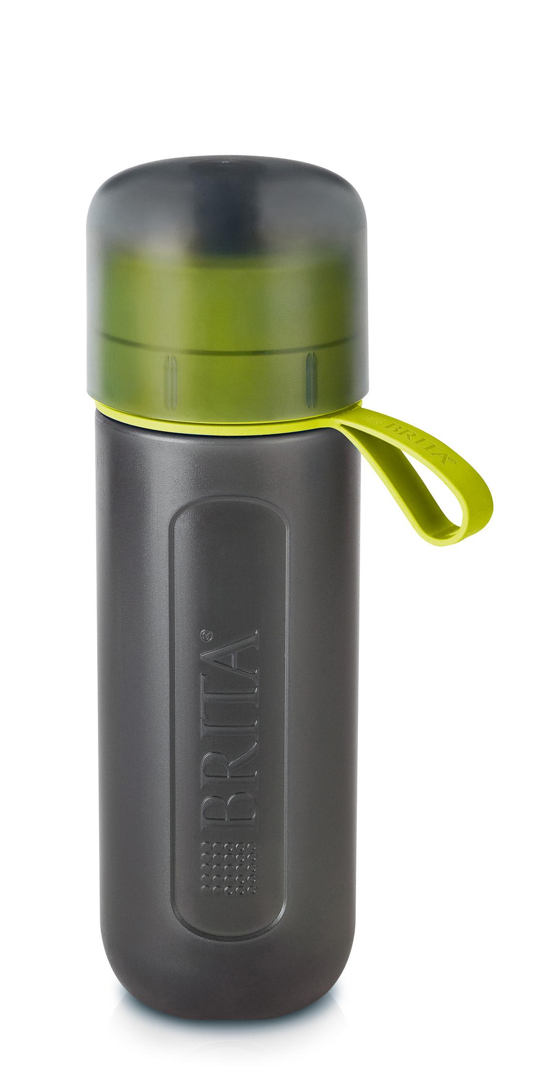Bouteille d'eau Brita grise avec couvercle vert et boucle.