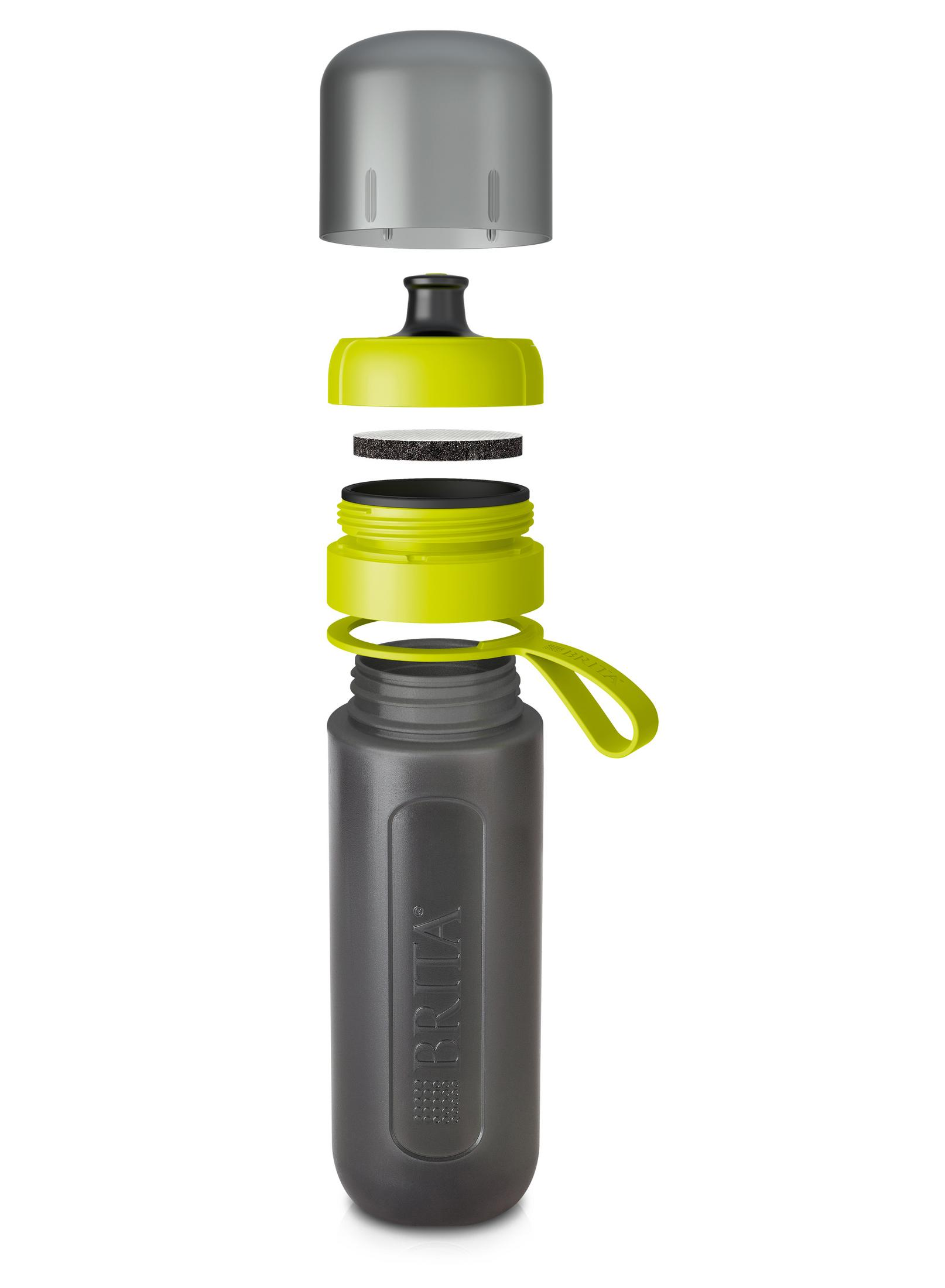 Bouteille d'eau Brita grise démontée avec poignée et filtre verts.