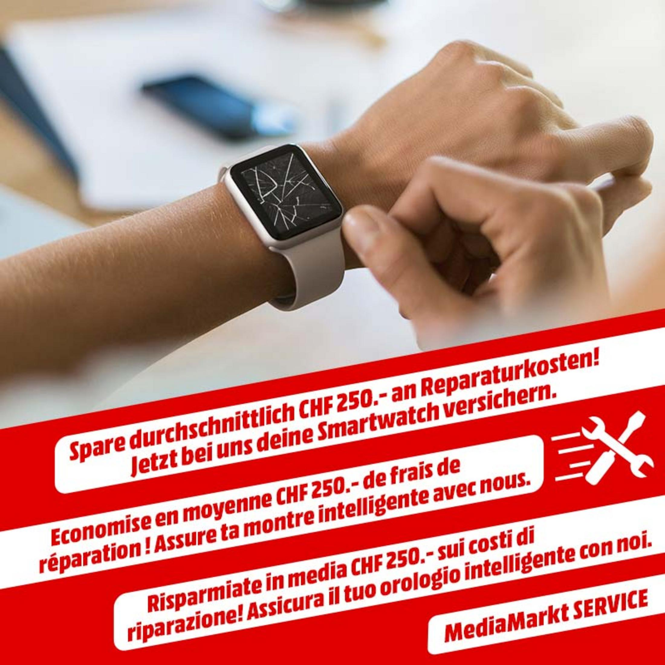 Arm mit kaputter Smartwatch, rote Banner mit Text über Reparaturkosten.