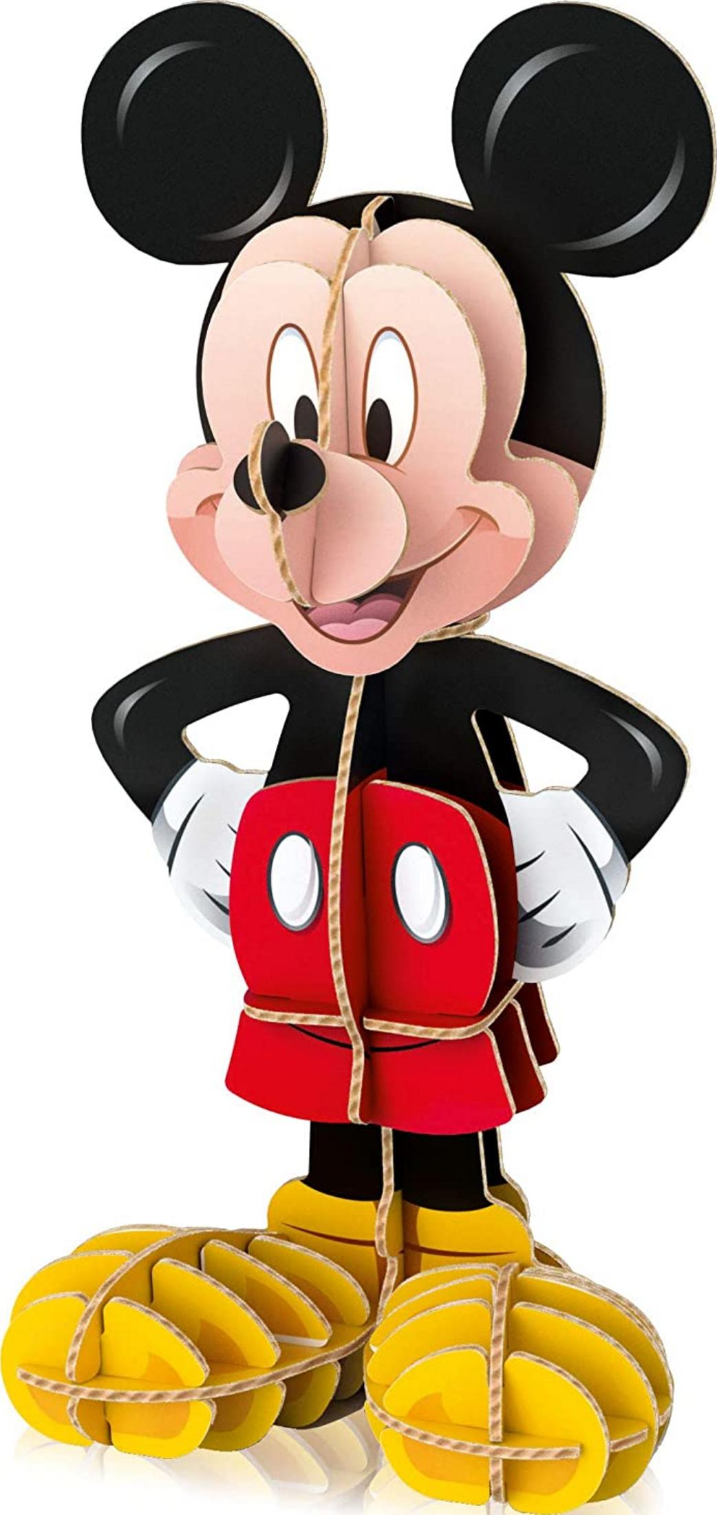 Een 3D-model van Mickey Mouse in rood en zwart, vastgebonden met touw.