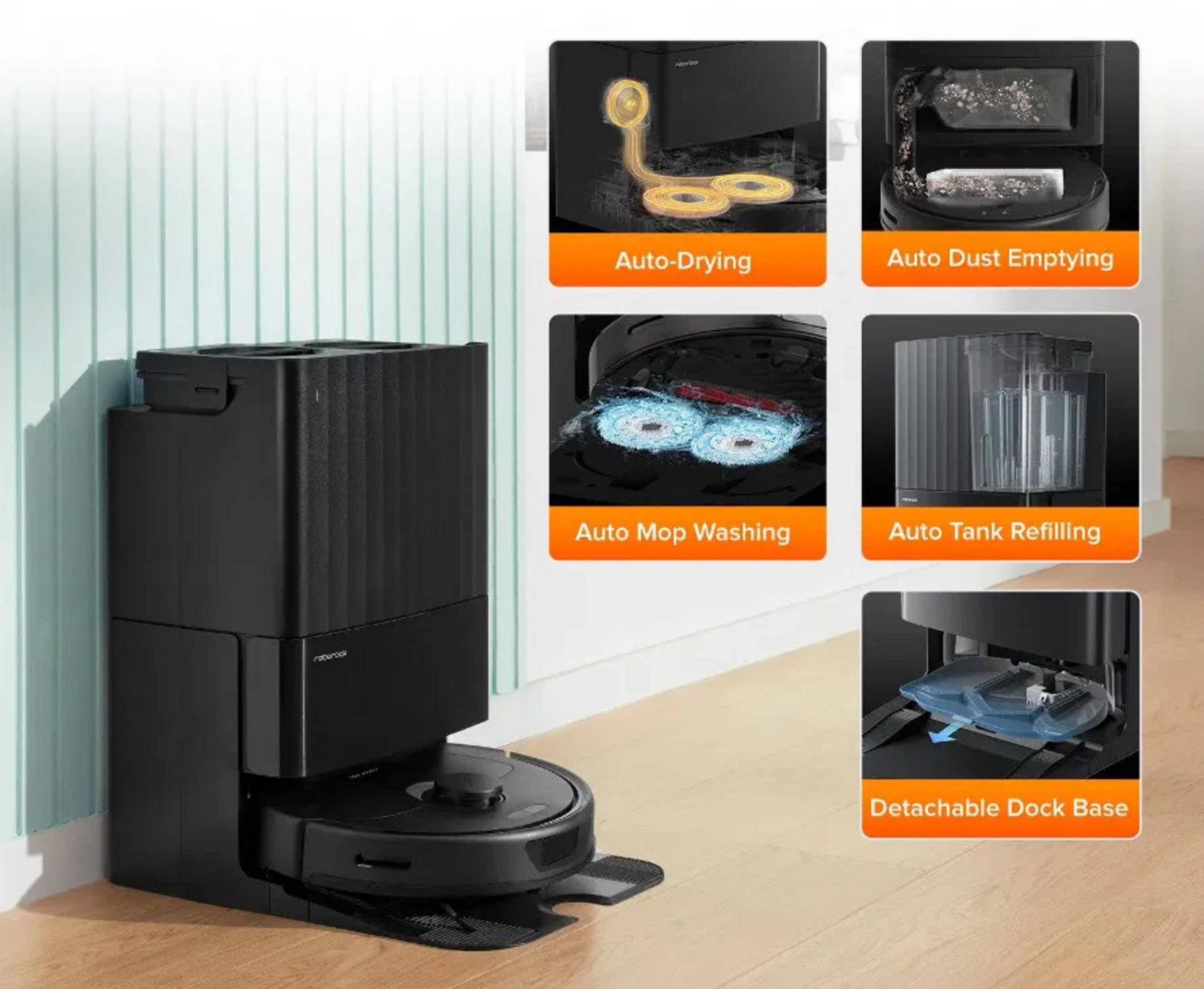 Czarny robot sprzątający ze stacją dokującą i pięcioma detalami.