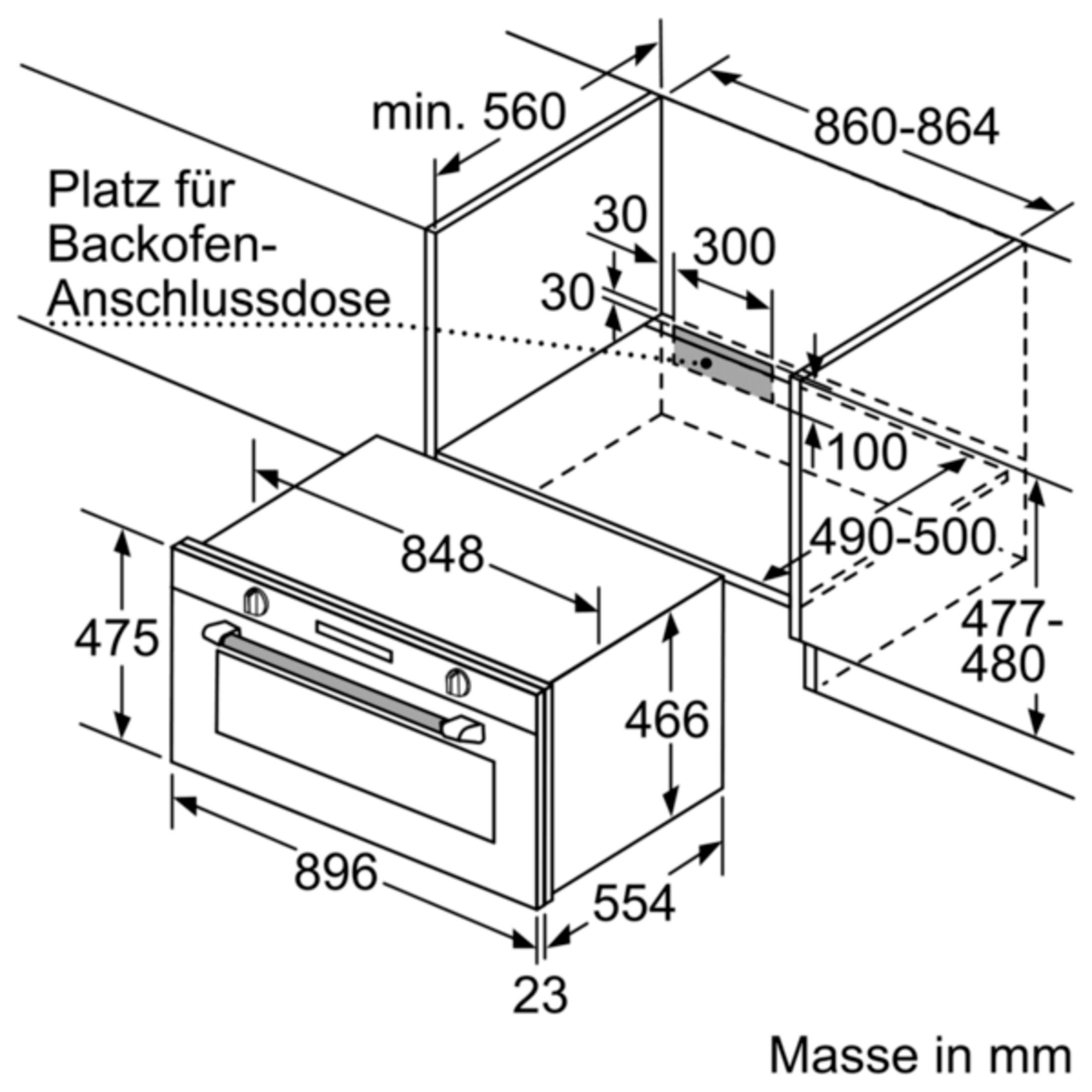 Technische Zeichnung eines Einbauofens mit Maßen in mm und Installationshinweisen.