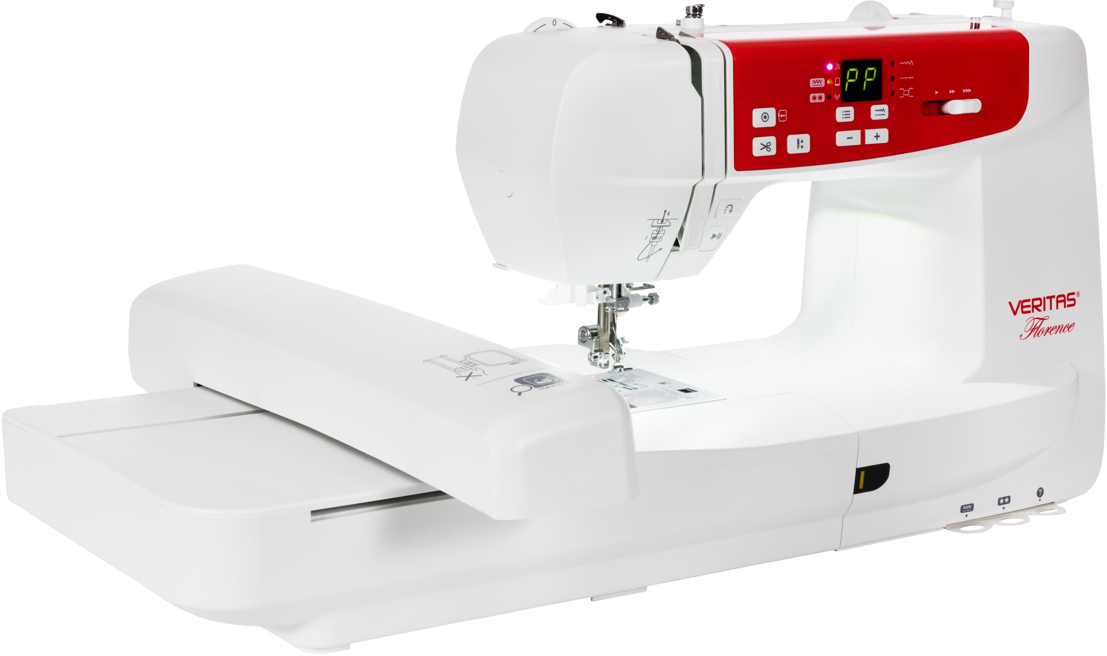 Weiße Nähmaschine mit rotem Bedienfeld und digitaler Anzeige.