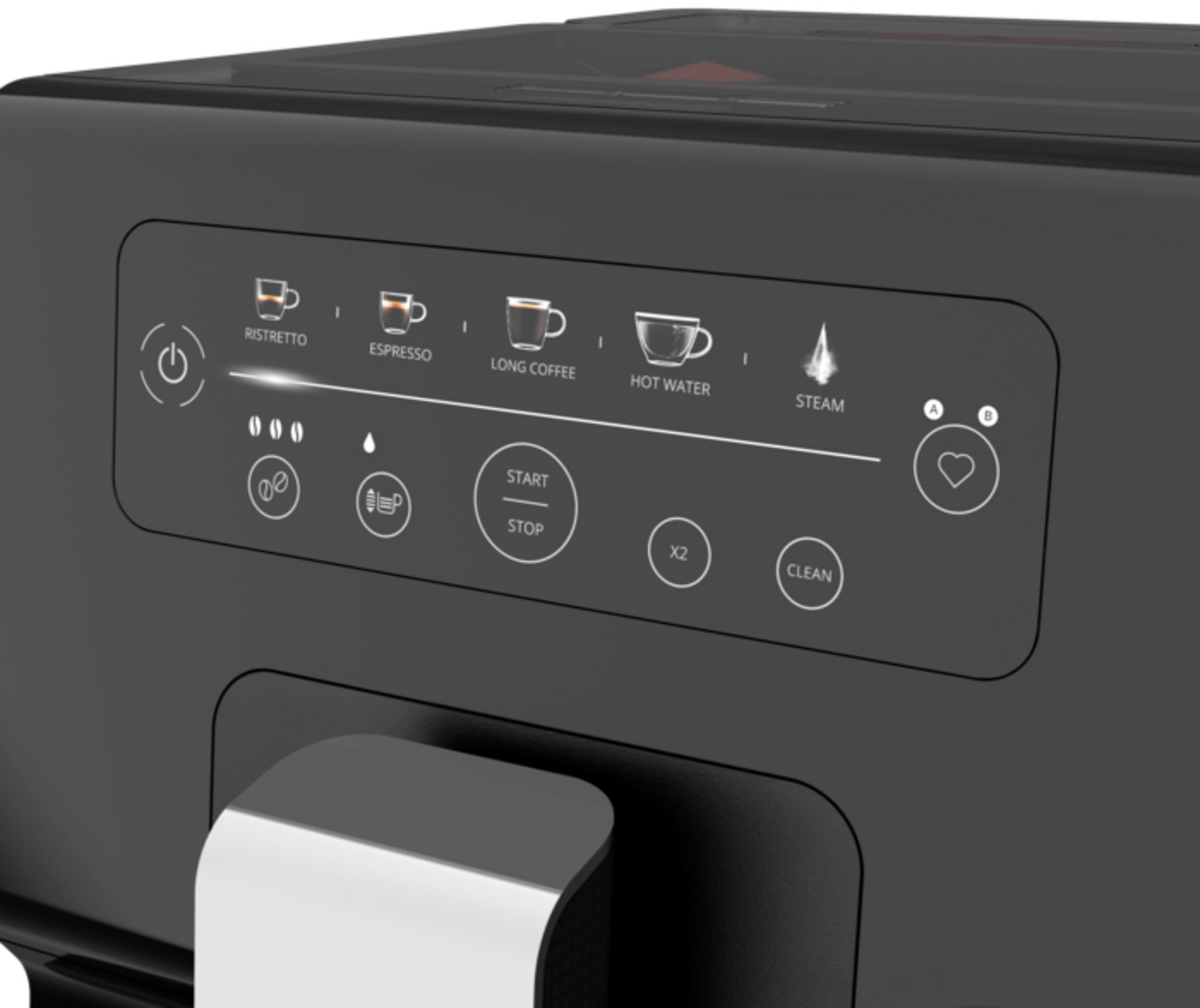 Panel de control de cafetera con botones para Ristretto, Espresso, Café, Agua Caliente y Vapor.