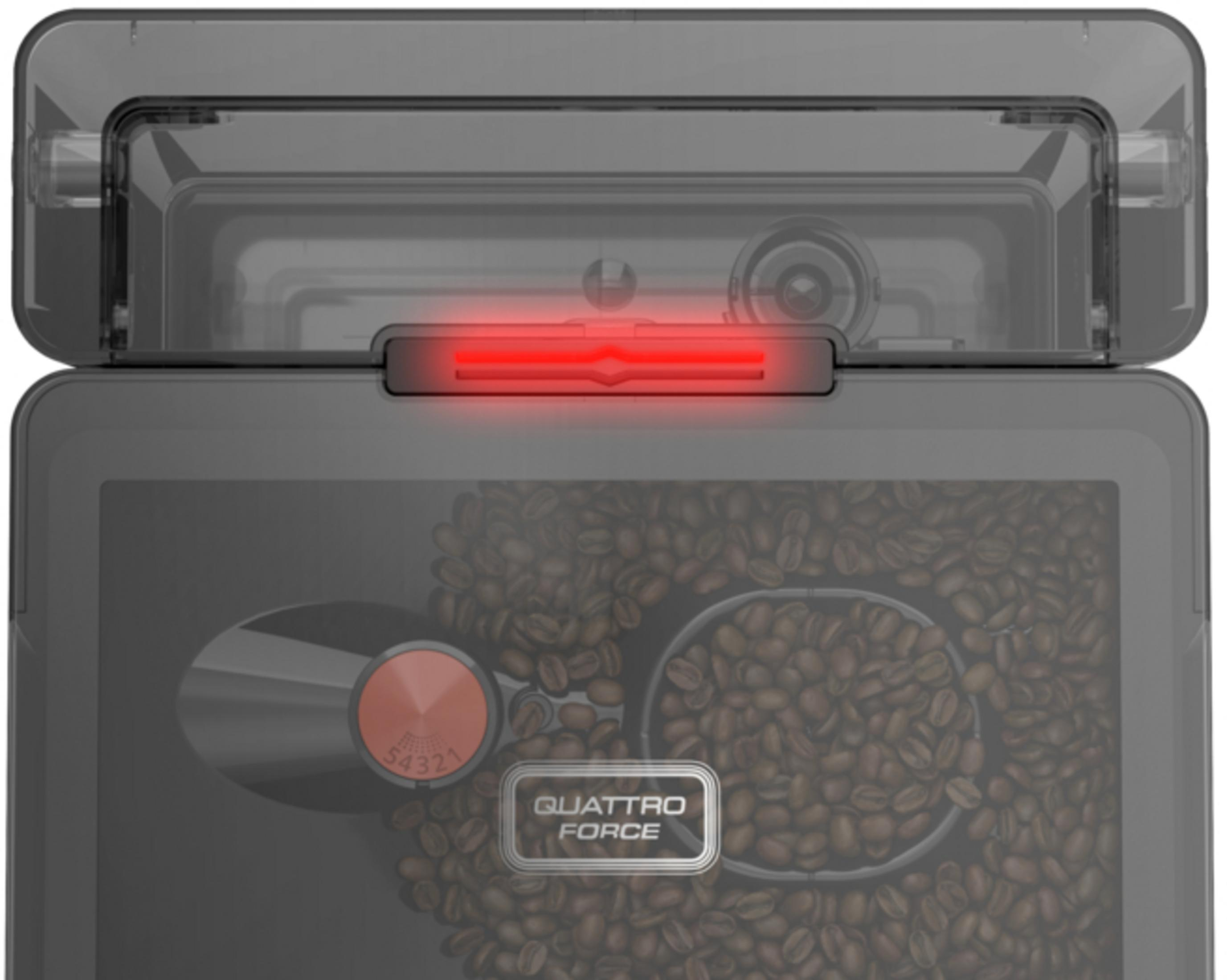 Máquina de café con depósito de granos, luz roja y dial de ajuste.