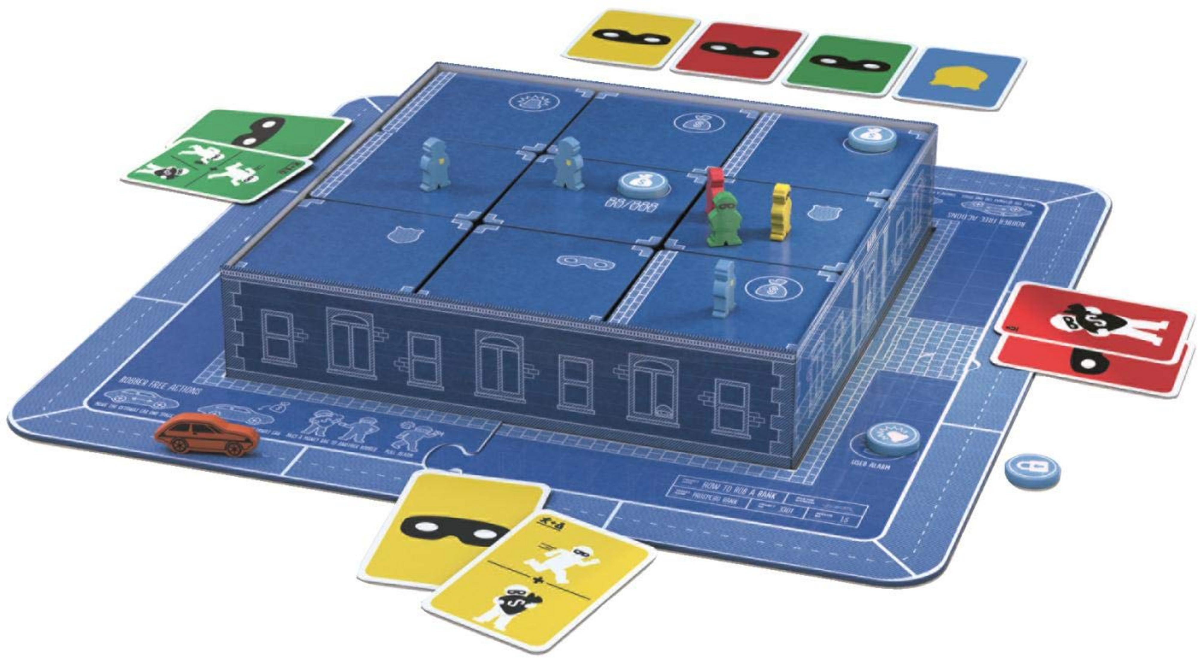 Ein Brettspiel mit einer blauen Bank und Spielfiguren in Rot, Grün und Gelb.