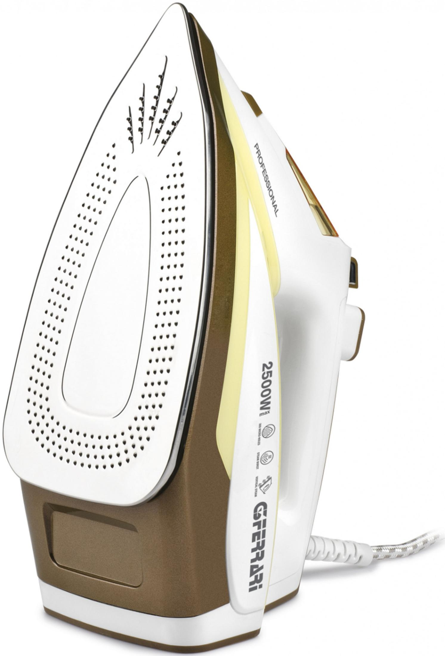 Białe i brązowe profesjonalne żelazko ze sznurkiem. Podeszwa ma wiele małych otworów.