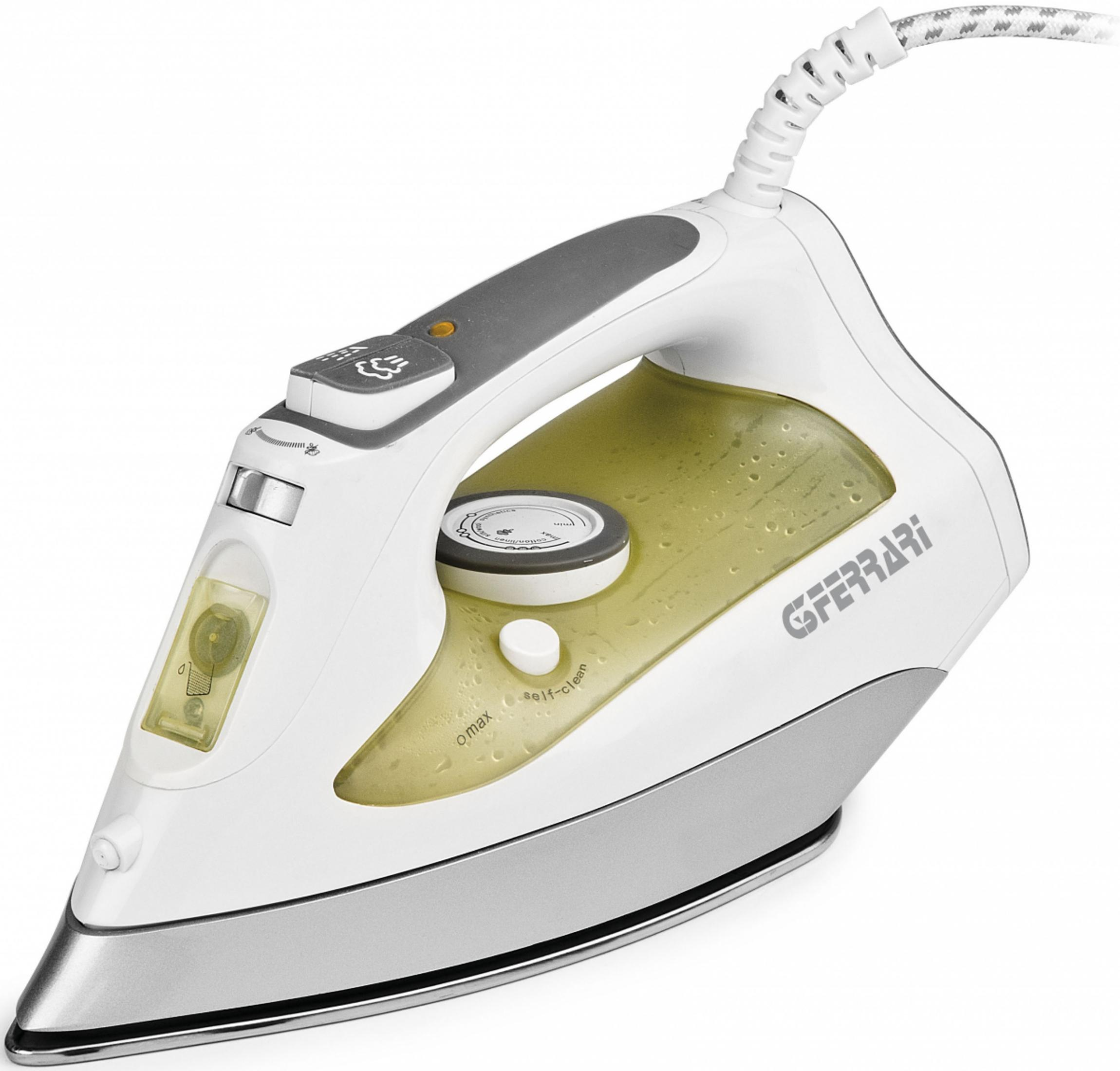 Biało-srebrne żelazko parowe GHEARARI z żółtym zbiornikiem na wodę.