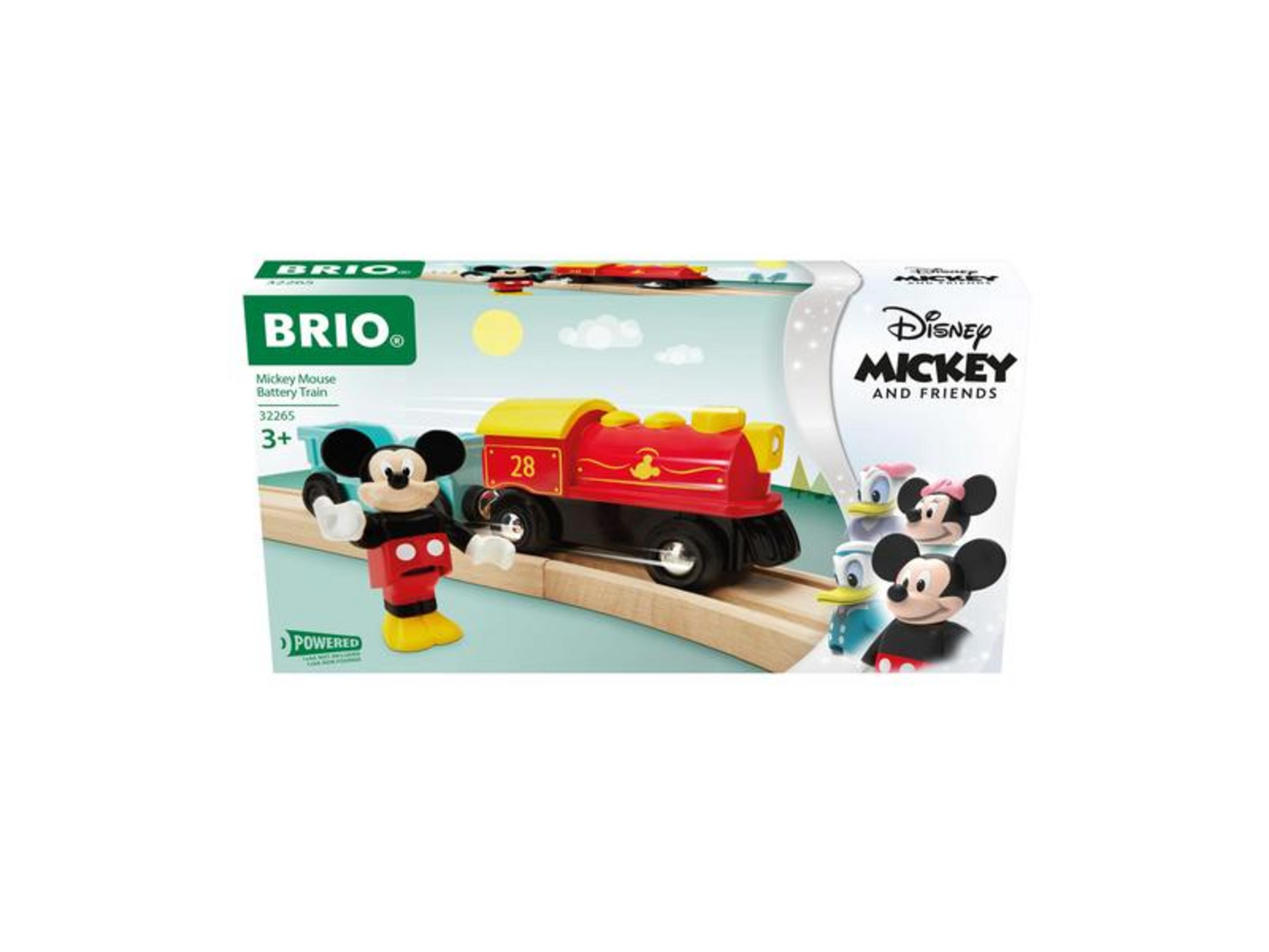 BRIO Mickey Mouse Pociąg na baterie z figurkami. Czerwony pociąg z numerem 28.
