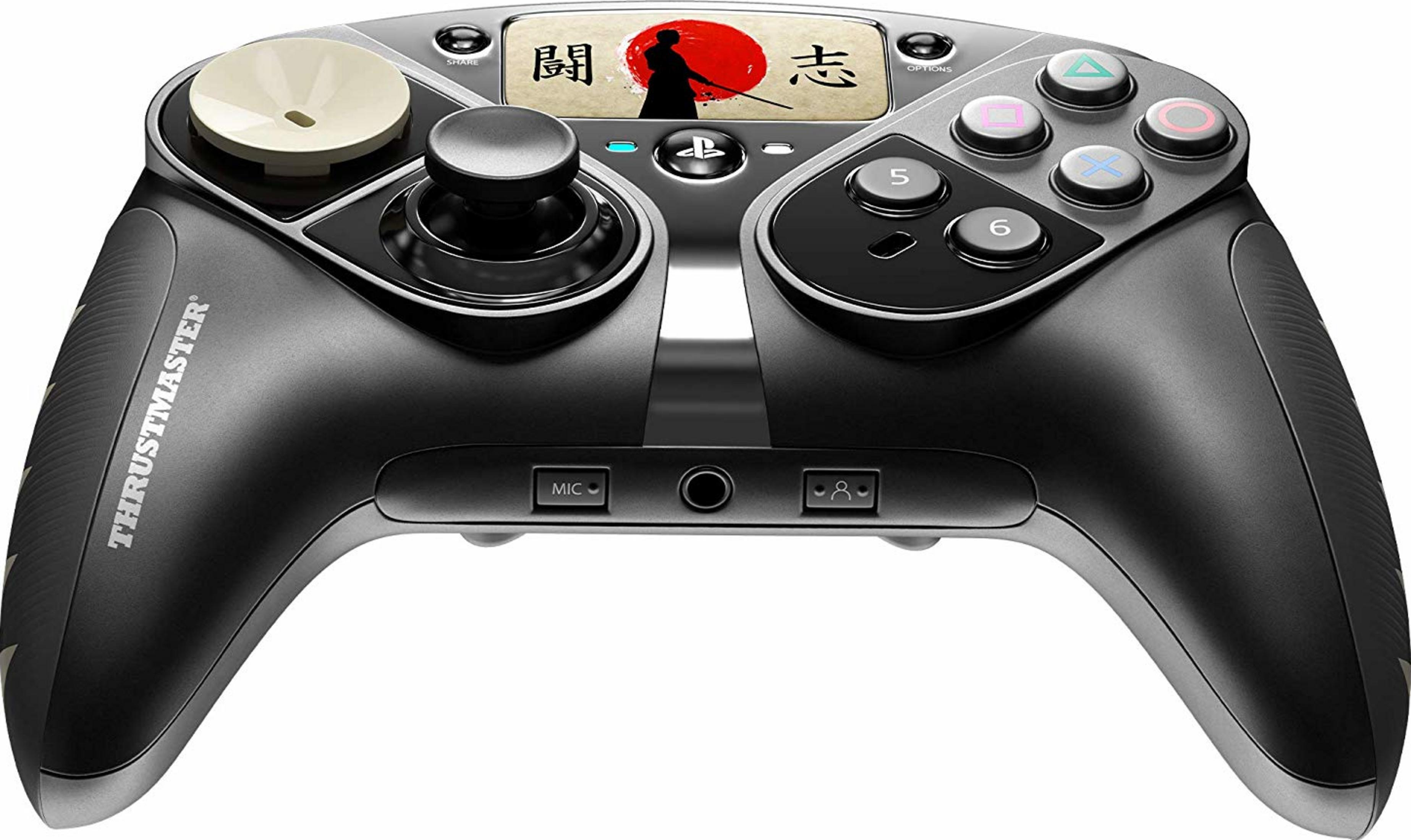 Controller nero con joystick, pulsanti e schermo con un samurai.