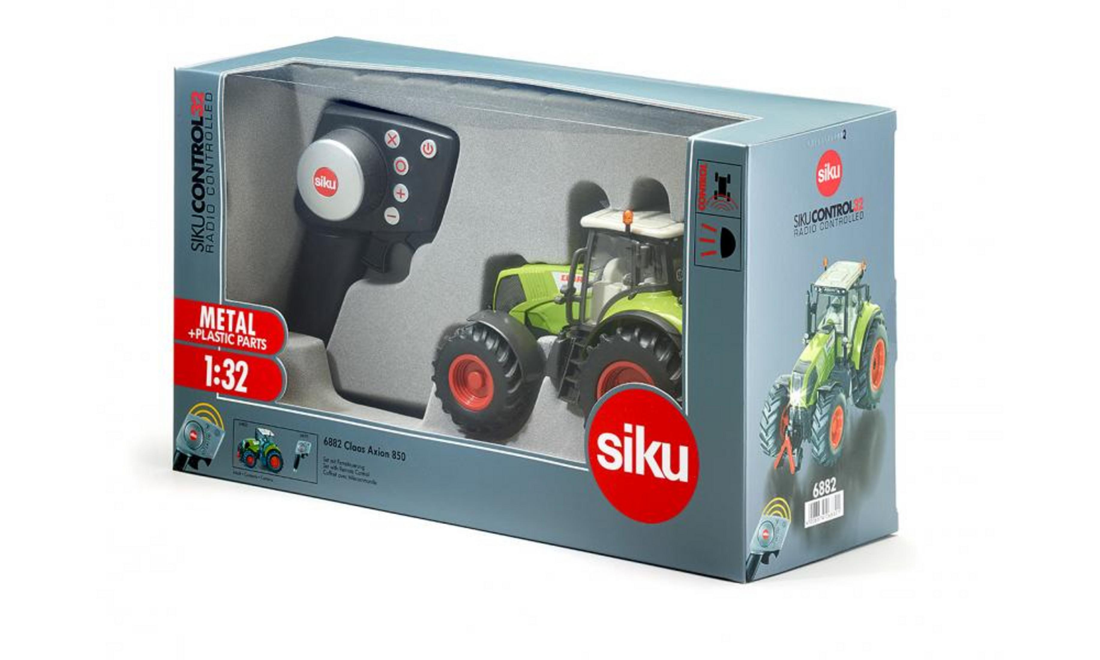 Verpackung eines ferngesteuerten Siku Claas Axion 850 Traktors mit Fernbedienung.