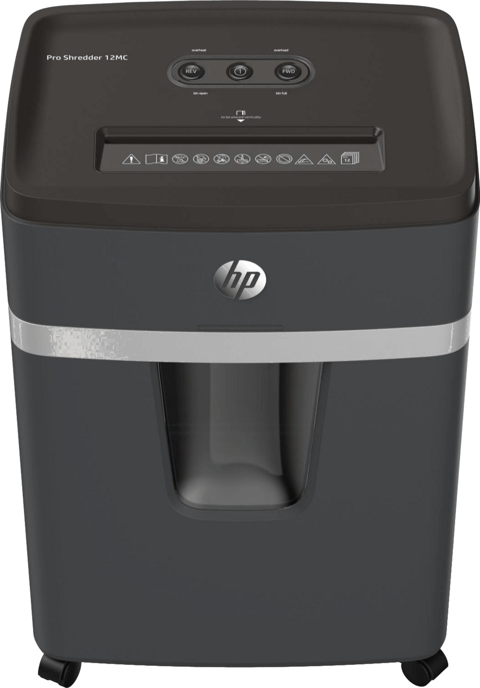 Una distruggidocumenti HP scura con controlli e icone.