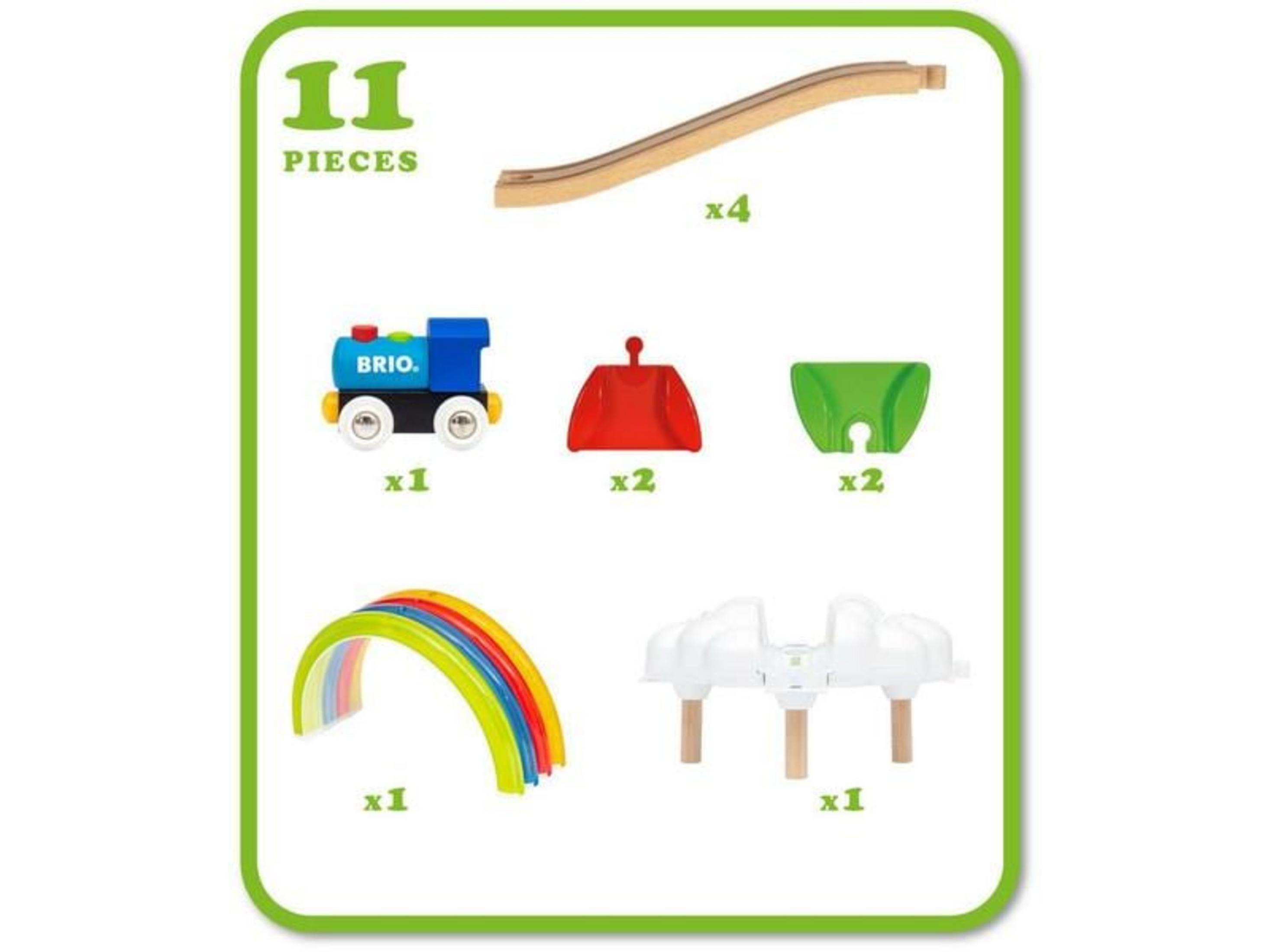 Set trenino in legno da 11 pezzi: locomotiva, archi, binari e altro.