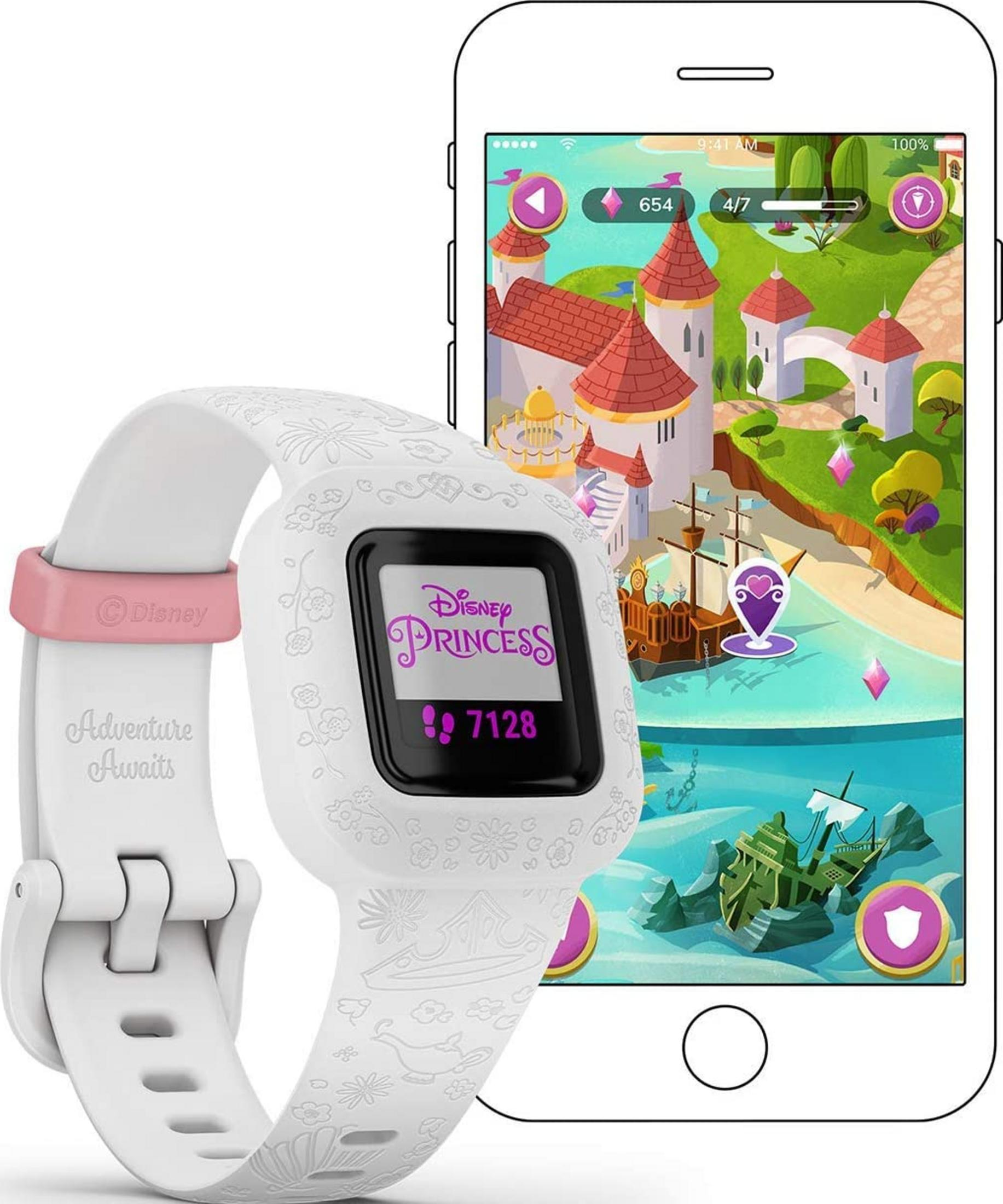 Biały smartwatch Disney Princess z grą na telefonie.