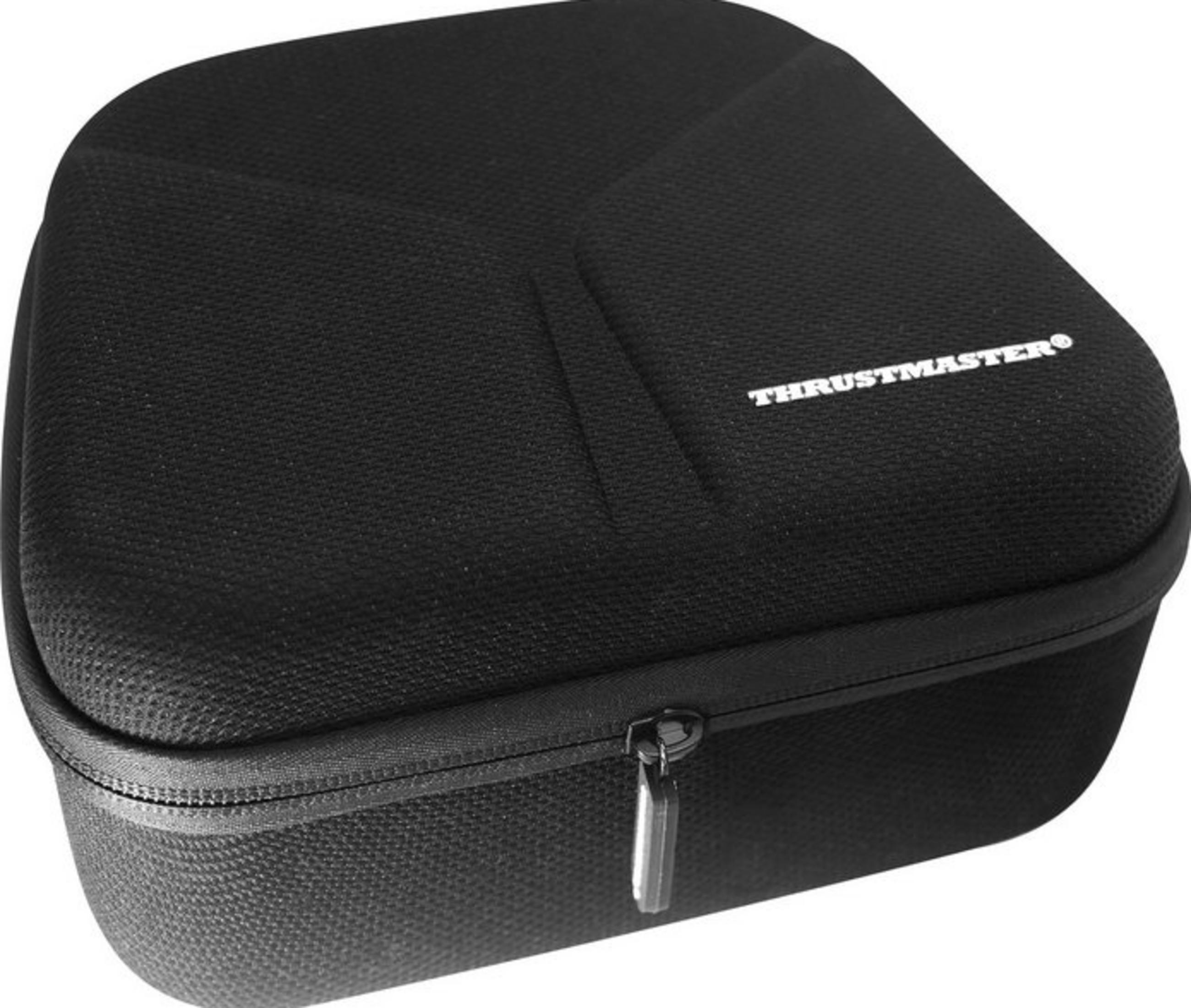 Una funda de almacenamiento negra con cremallera y logo "Thrustmaster".