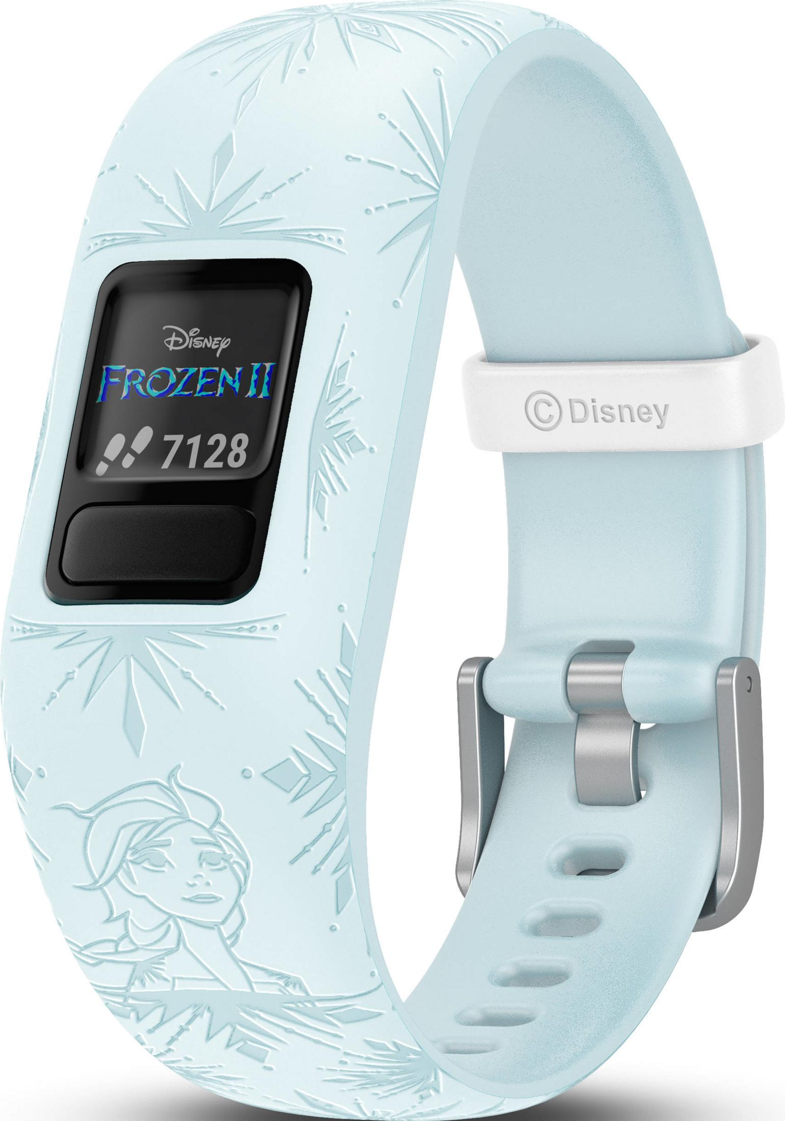 Reloj inteligente azul claro con tema de Frozen II, retrato de Elsa y copos de nieve.