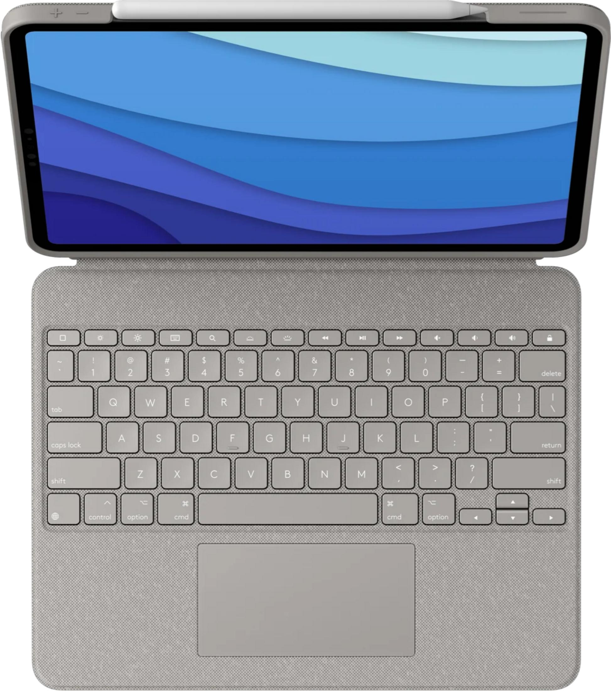 Un tablet grigio con custodia a tastiera. Lo schermo mostra linee blu ondulate.