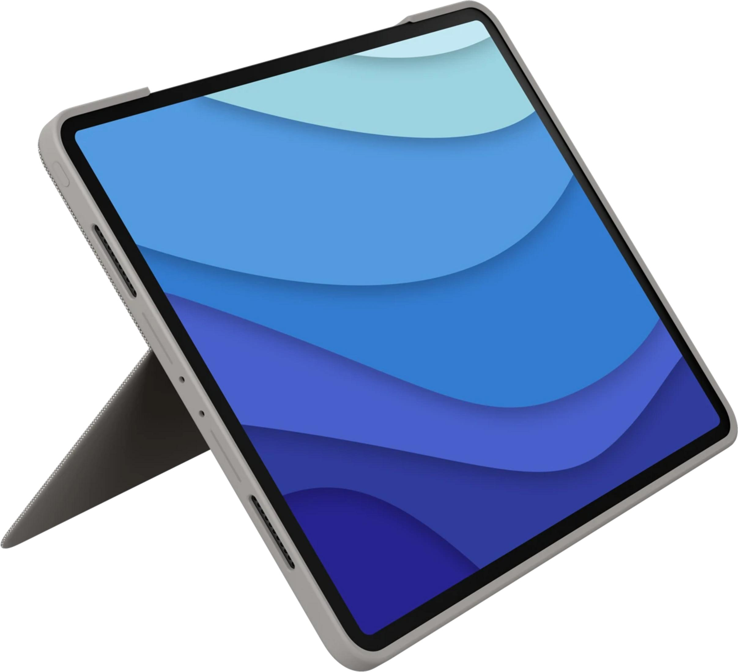 Un tablet in custodia grigia con uno sfondo blu a onde.