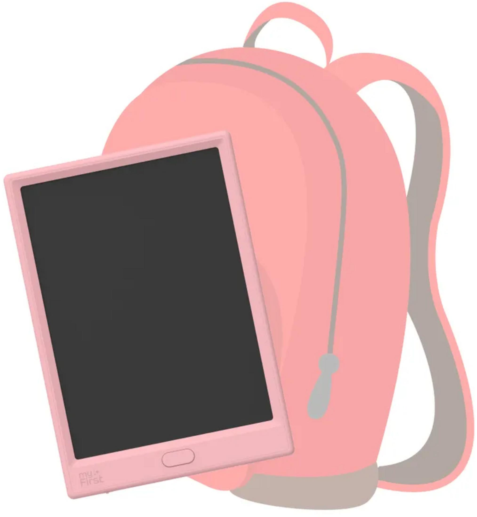 Uno zaino rosa con un blocco note digitale davanti.