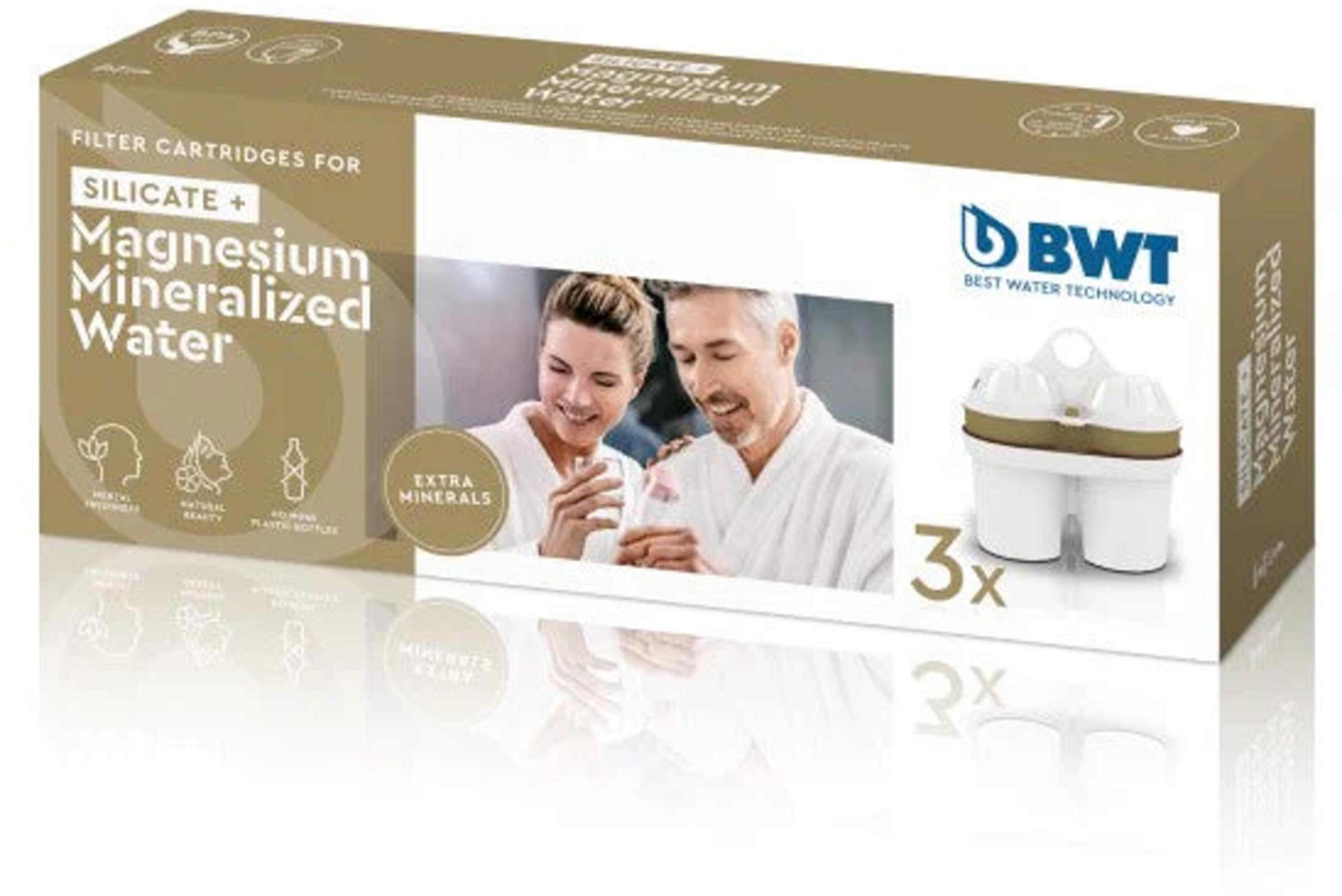 Verpackung für BWT Magnesium Mineralized Water Filterkartuschen, 3 Stück.