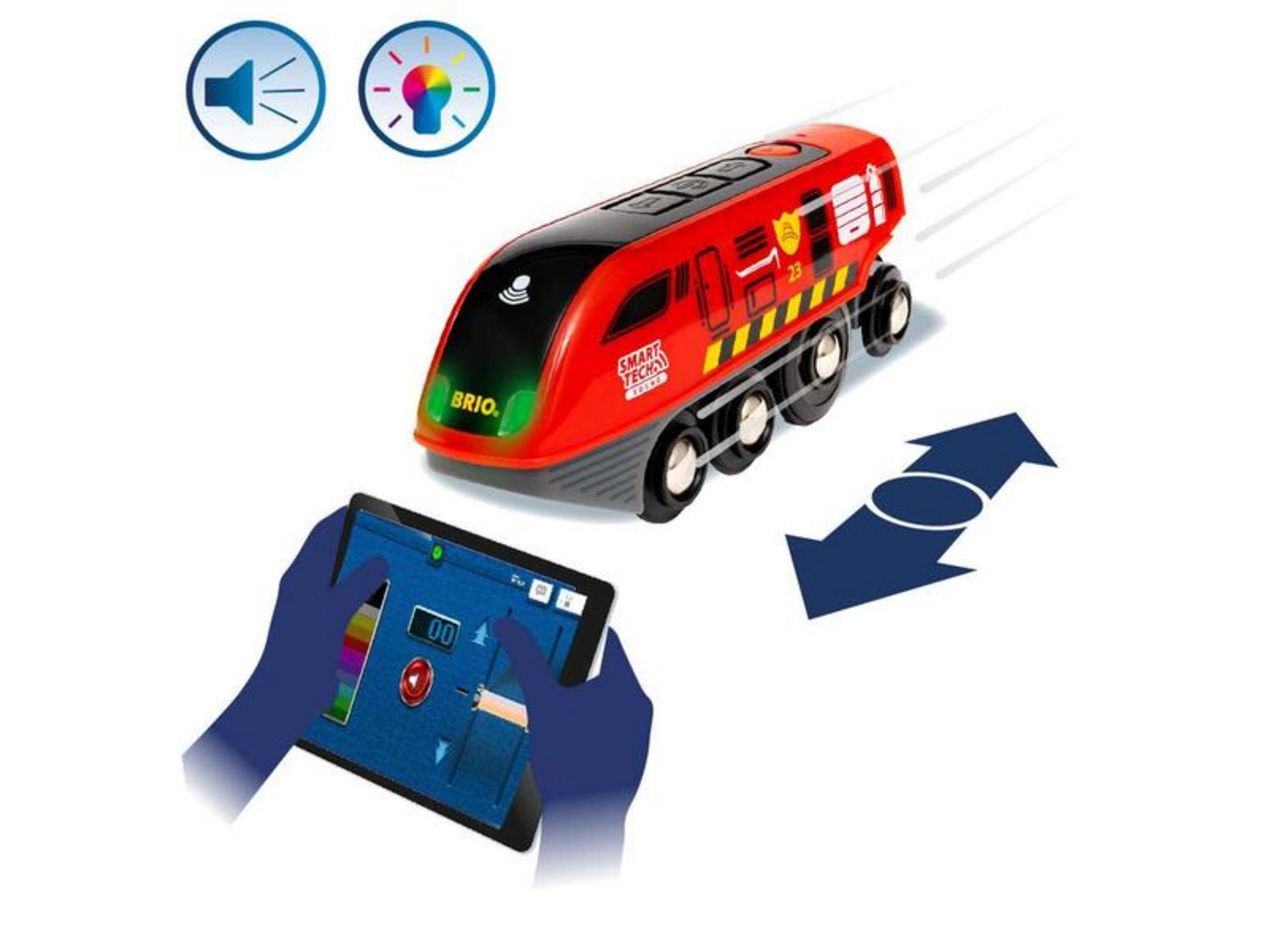 Czerwony pociąg zabawka sterowany tabletem. Widoczne ikony dźwięku i światła.