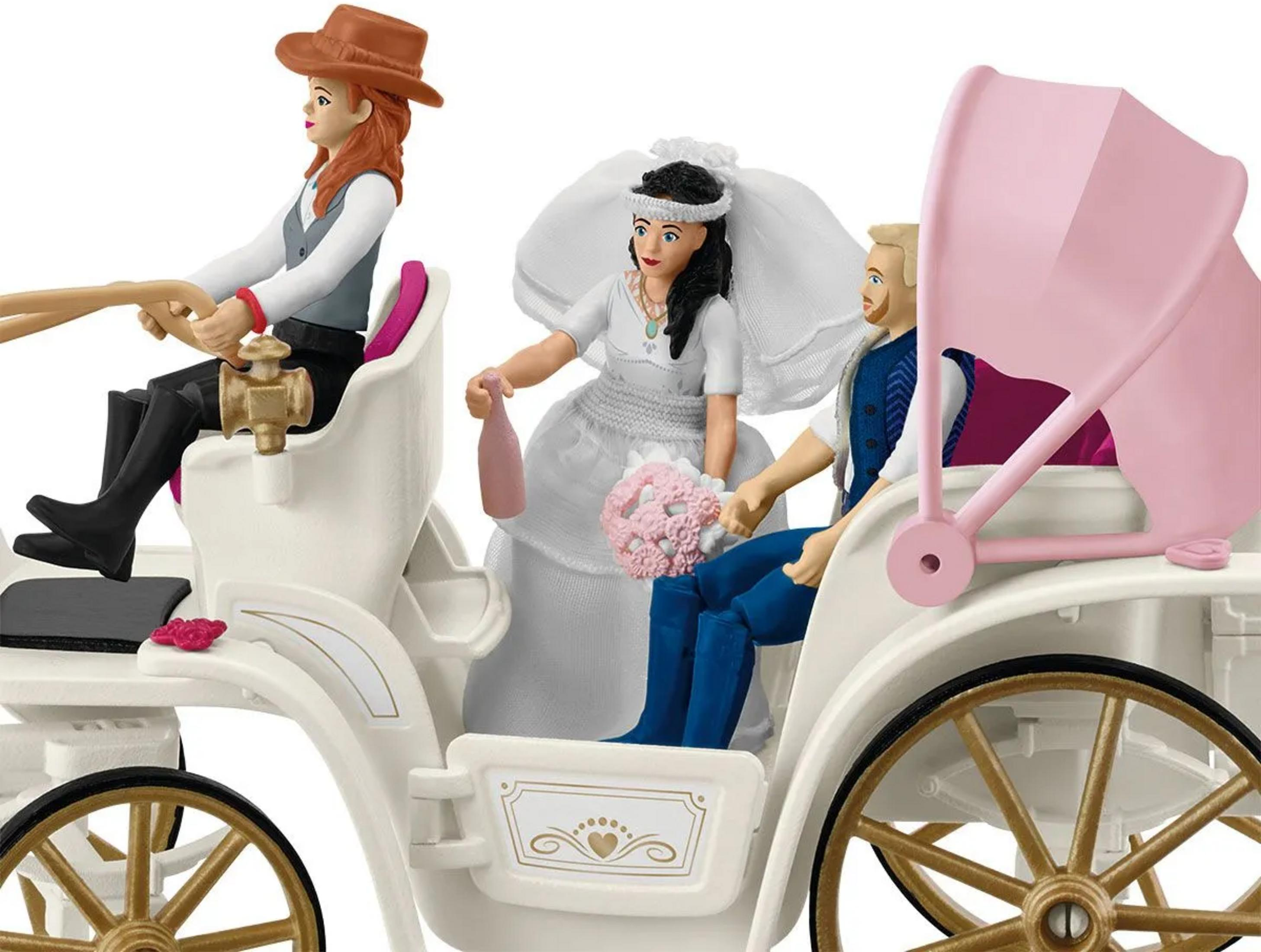Wedding couple in a carriage with a driver.