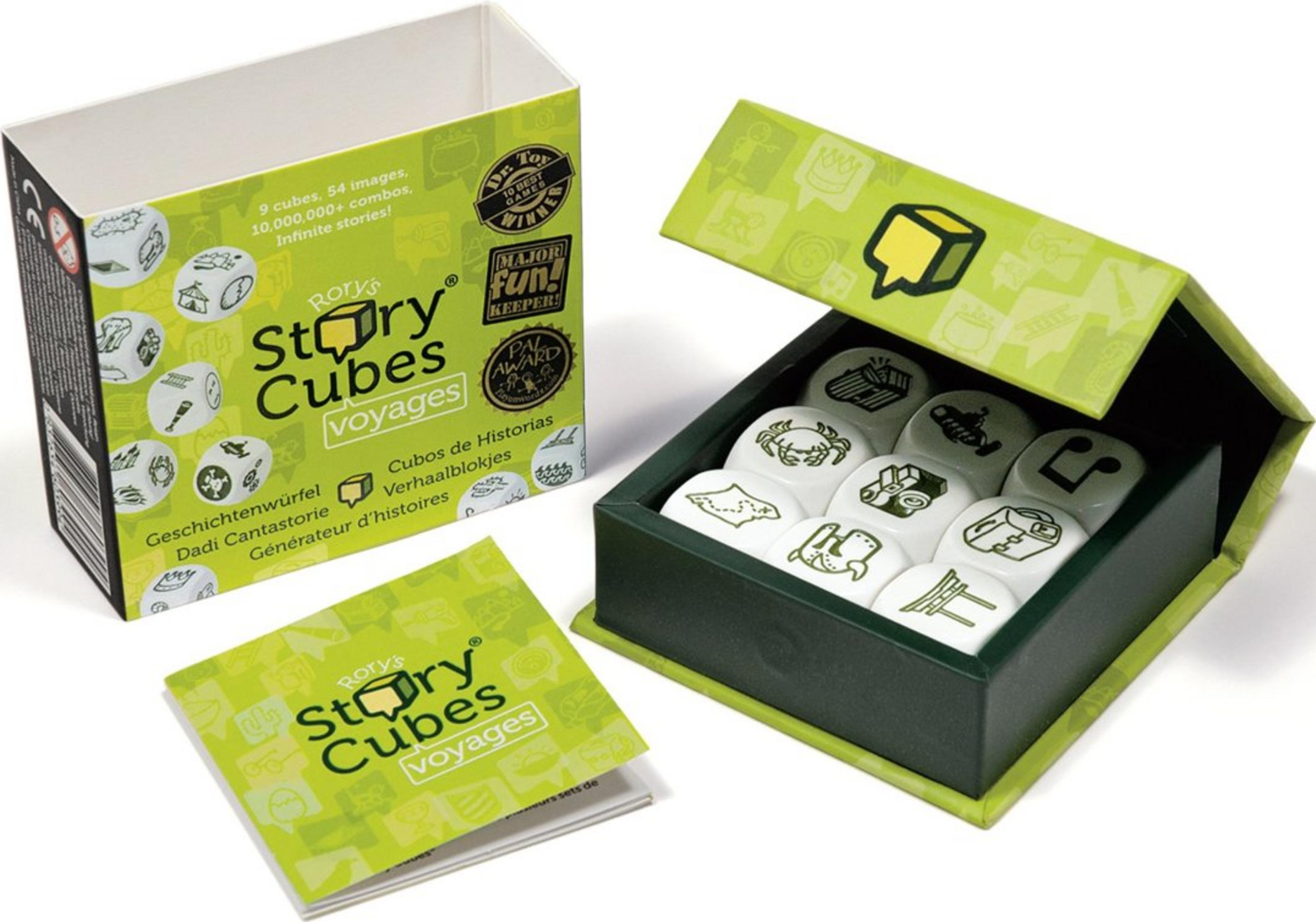Scatola del gioco Rory's Story Cubes Voyages, aperta con dadi all'interno.