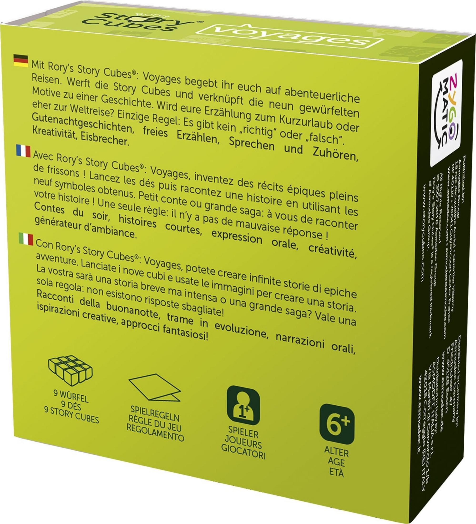 Scatola gioco Rory's Story Cubes: Voyages con dadi e istruzioni.