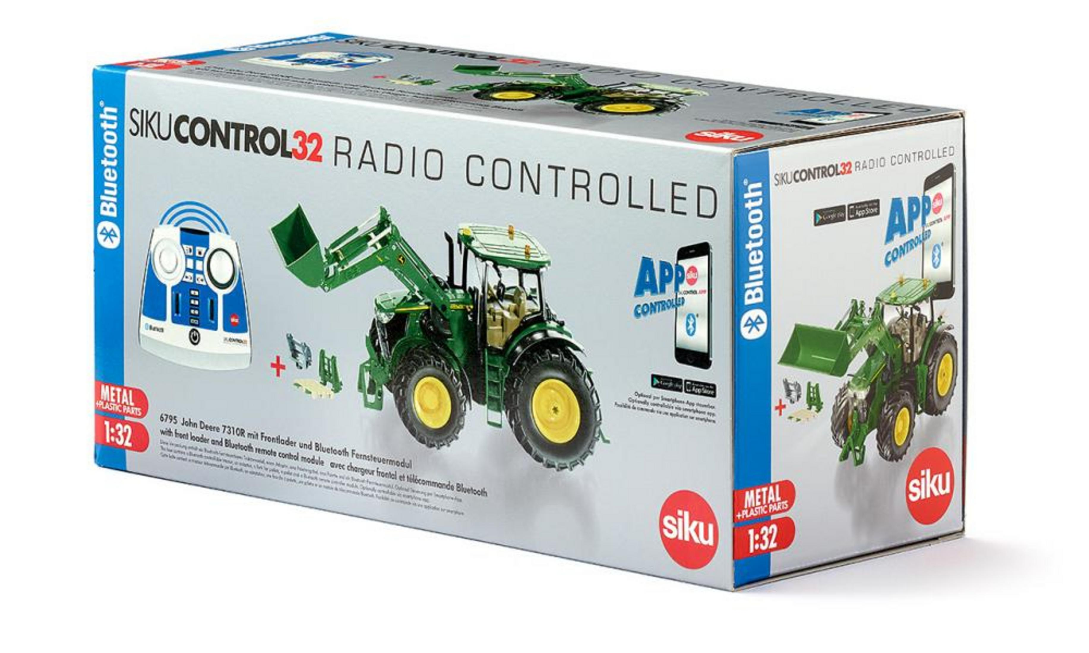 Caja de un tractor Siku Control 32 John Deere con pala frontal.