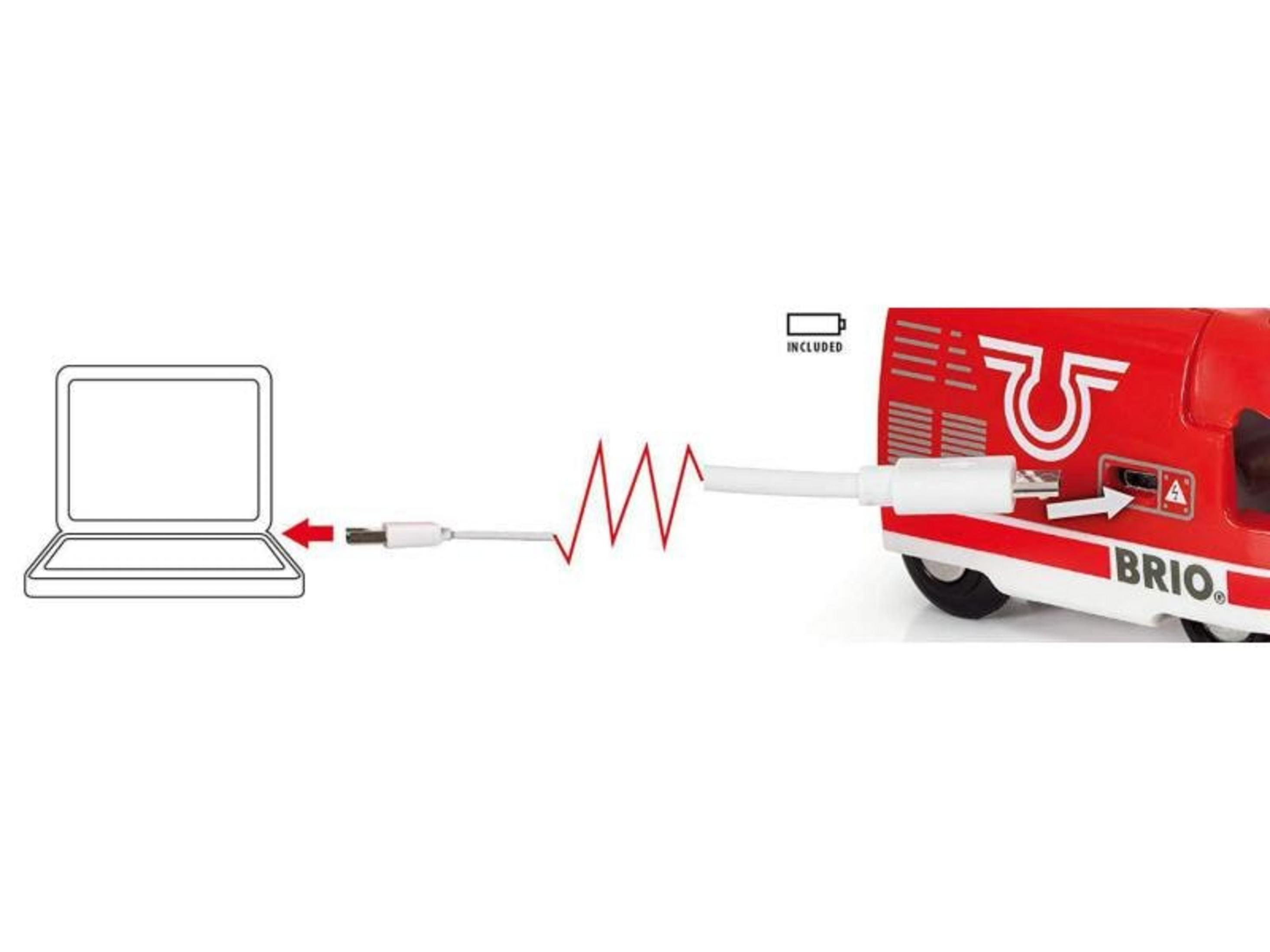 Czerwony pociąg BRIO jest podłączony przez kabel USB do ikony laptopa.