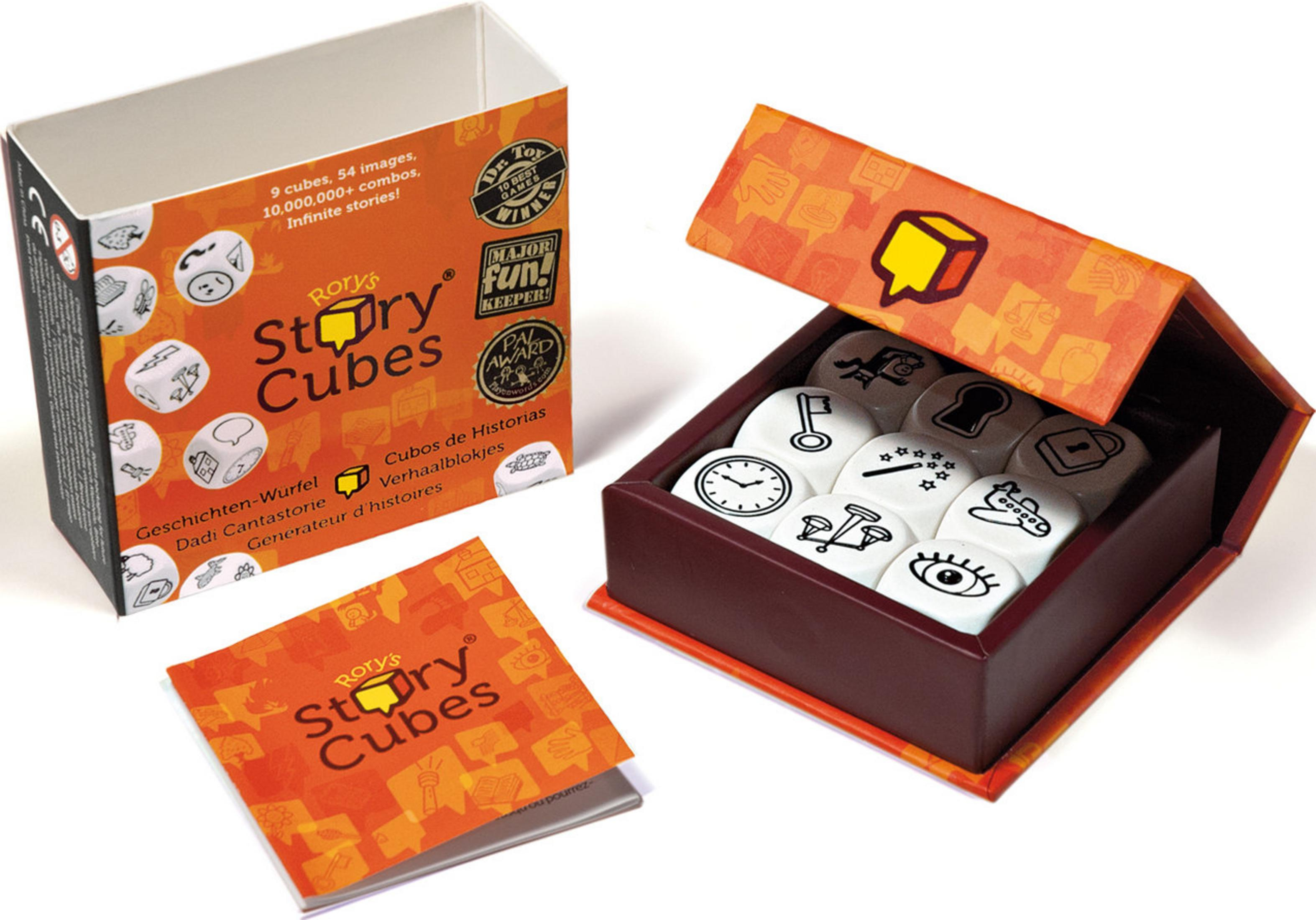 Rory's Story Cubes: Scatola del gioco e scatola aperta con dadi.